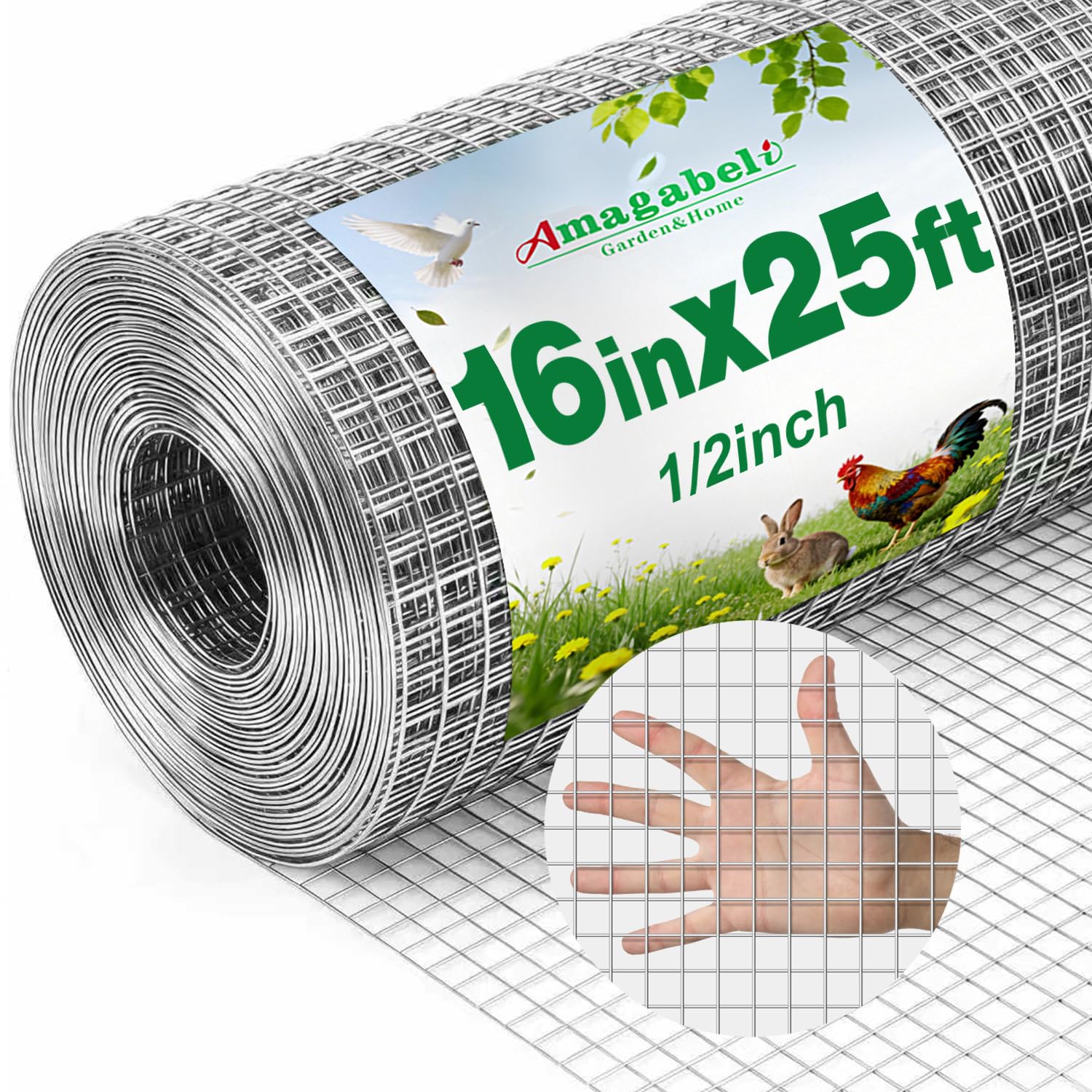 AMAGABELI GARDEN &amp; HOME Hardware Cloth 1/2 inch 16 in x 25 ft Galvanized After Welding 19 Gauge Square Chicken Wire Fence Mesh Roll Raised Garden Bed Plant Supports Poultry Netting Cage Snake Fence