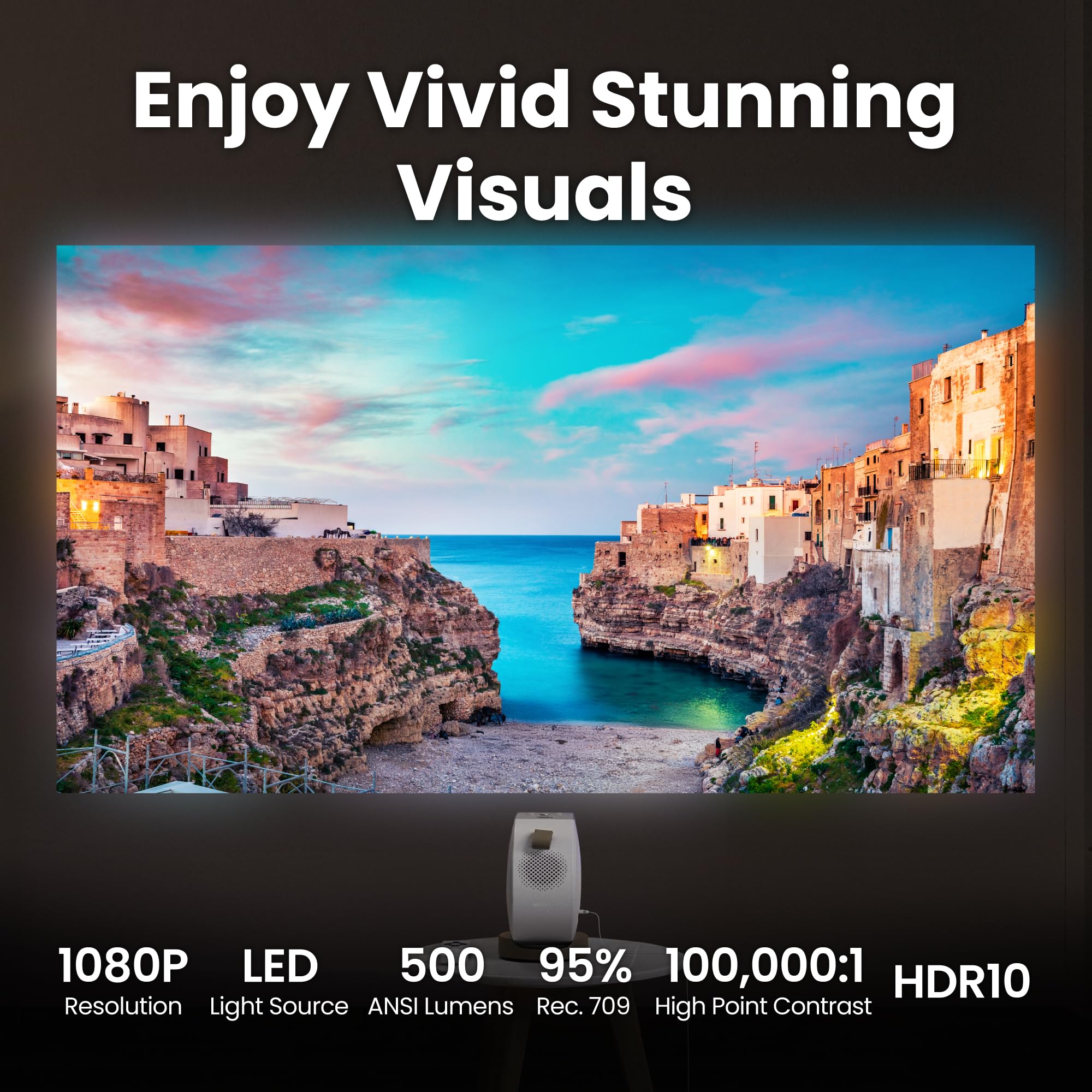 Proiettore portatile da soffitto BenQ GV32 1080p, 500 ANSI Lumen LED, Google TV con licenza Netflix, HDR10 con 95% Rec.709, WiFi & Bluetooth, altoparlante Woofer profondo