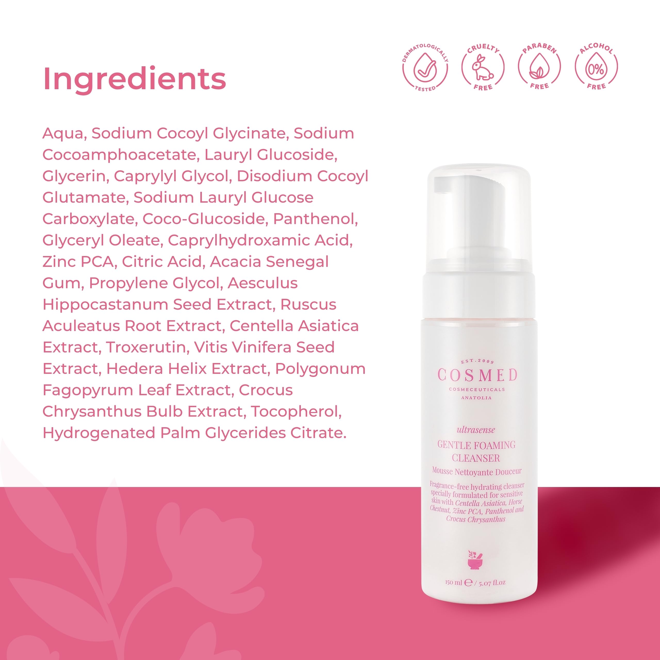 Cosmed Hassas ve Kızarıklığa Eğilimli Ciltler için Nazik Köpük Temizleyici - Yüz Temizleme Köpüğü 150 ml