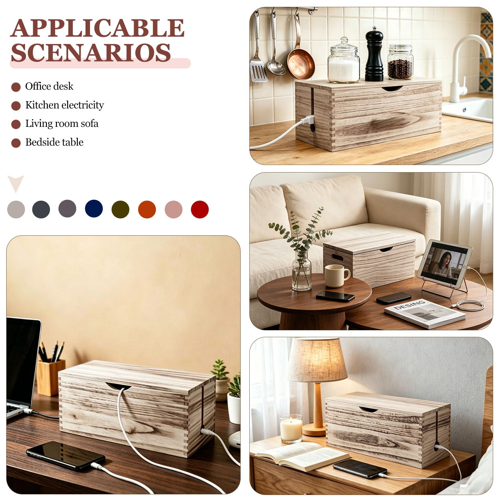 2 PCS Scatola Porta Cavi Legno, Nascondi Cavi Scrivania, Cable Management Box With Lid, Organizer Cavi Elettrici, Grande e Piccola, con Fascette, Marrone, per Ufficio e la Casa