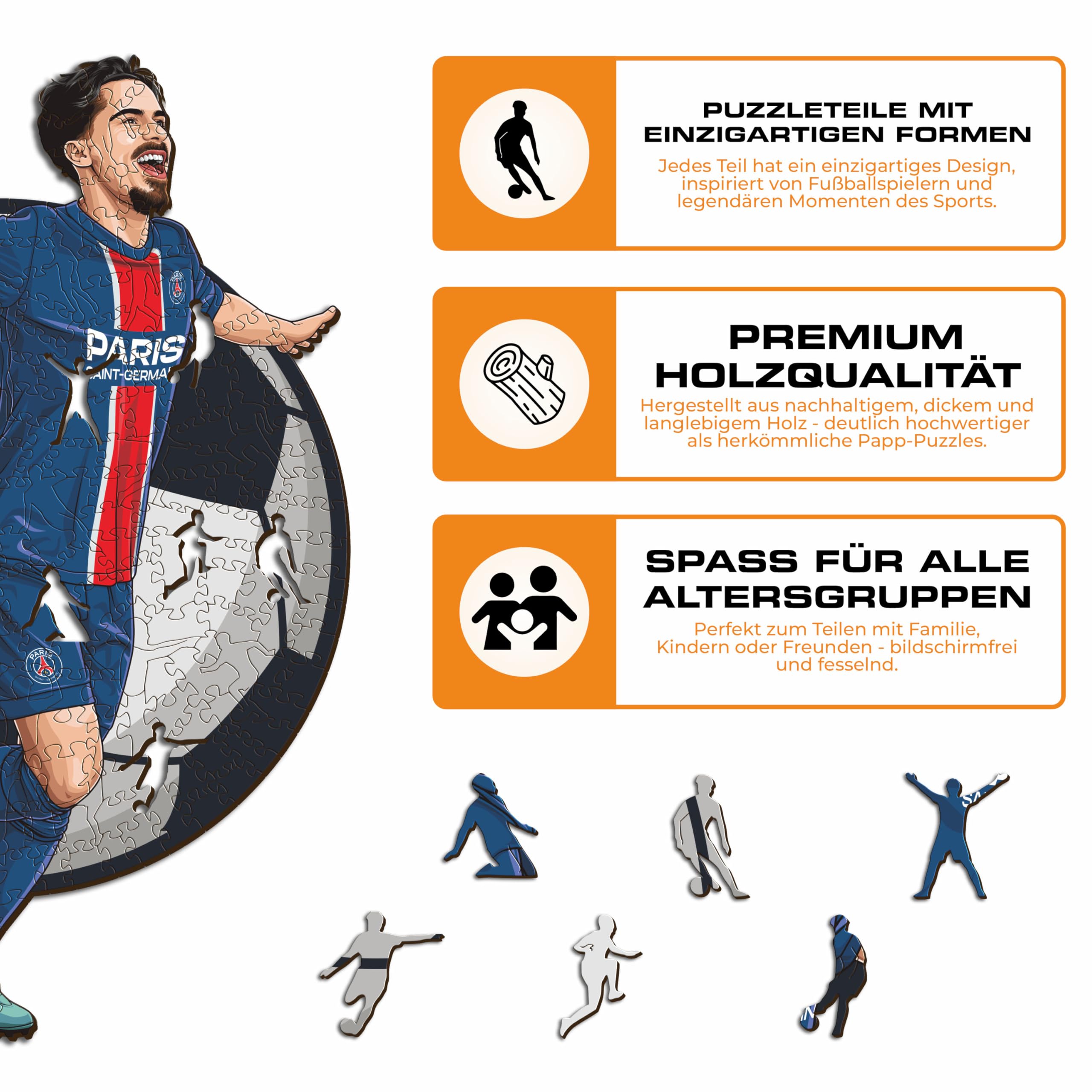 Iconic Puzzles - PSG, Vitinha, offiziell Lizenziertes Holzpuzzle, 100% nachhaltig, Geschenk für Erwachsene und Kinder, Größe M, 270 Teile