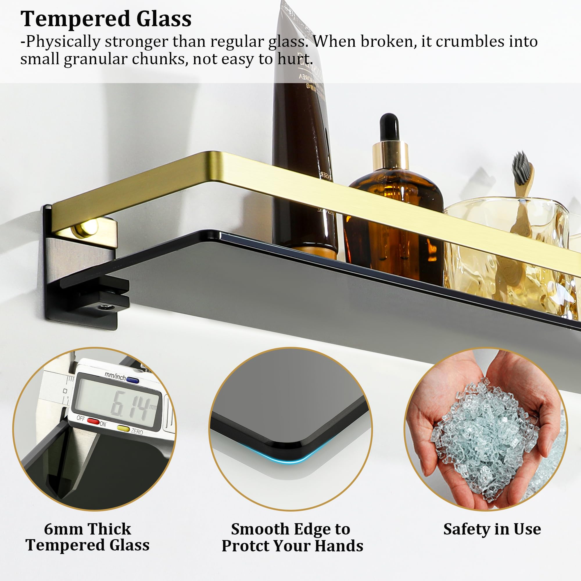 SAYAYO Bathroom Shelf Tempered Black Glass Shelf Wall Mounted 50CM Large Capacity with SUS304 Stainless Steel Gold Rail - Image 3