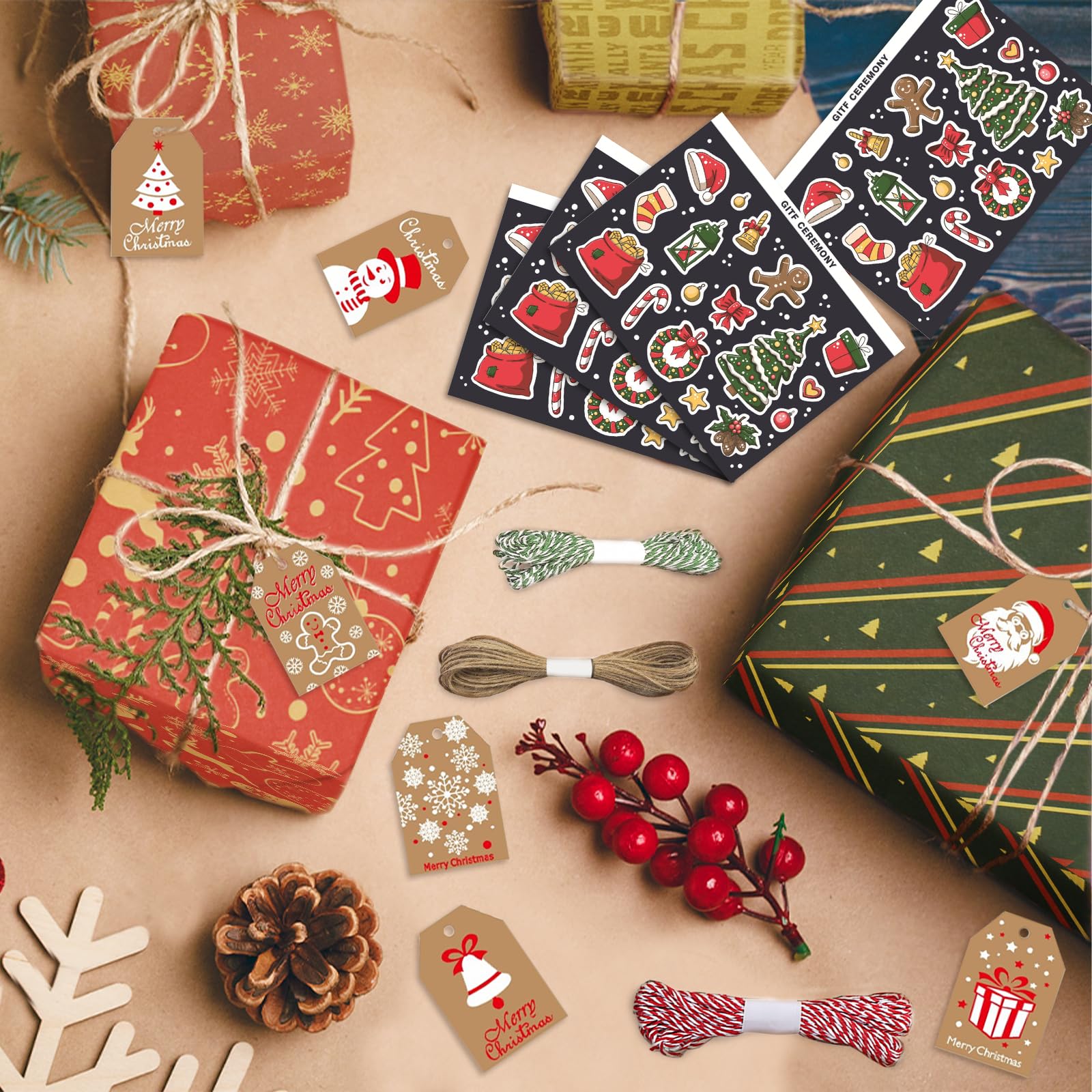 Papel De Regalo De Navidad Kraft - 12 Hojas De 70x50 Cm, Con Etiquetas Y Cuerda, Diseños Navideños Variados, Reciclable Y Resistente