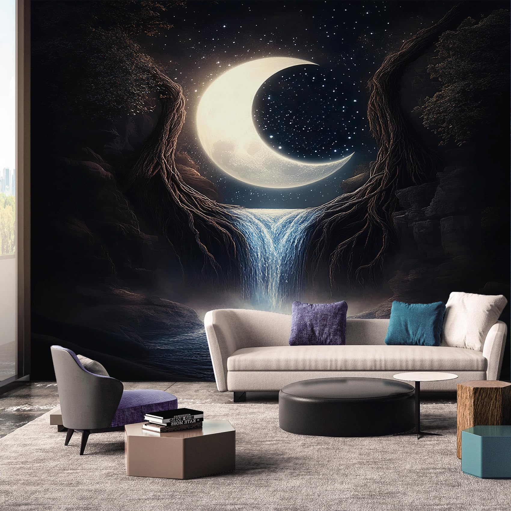 Fantasy 3D Wallpaper, Waterfall Moon Night Wallpaper Murals, Fantasy 3D Room Decor Wall Art for Bedroom Kitchen Living Room 500L x 280W cm