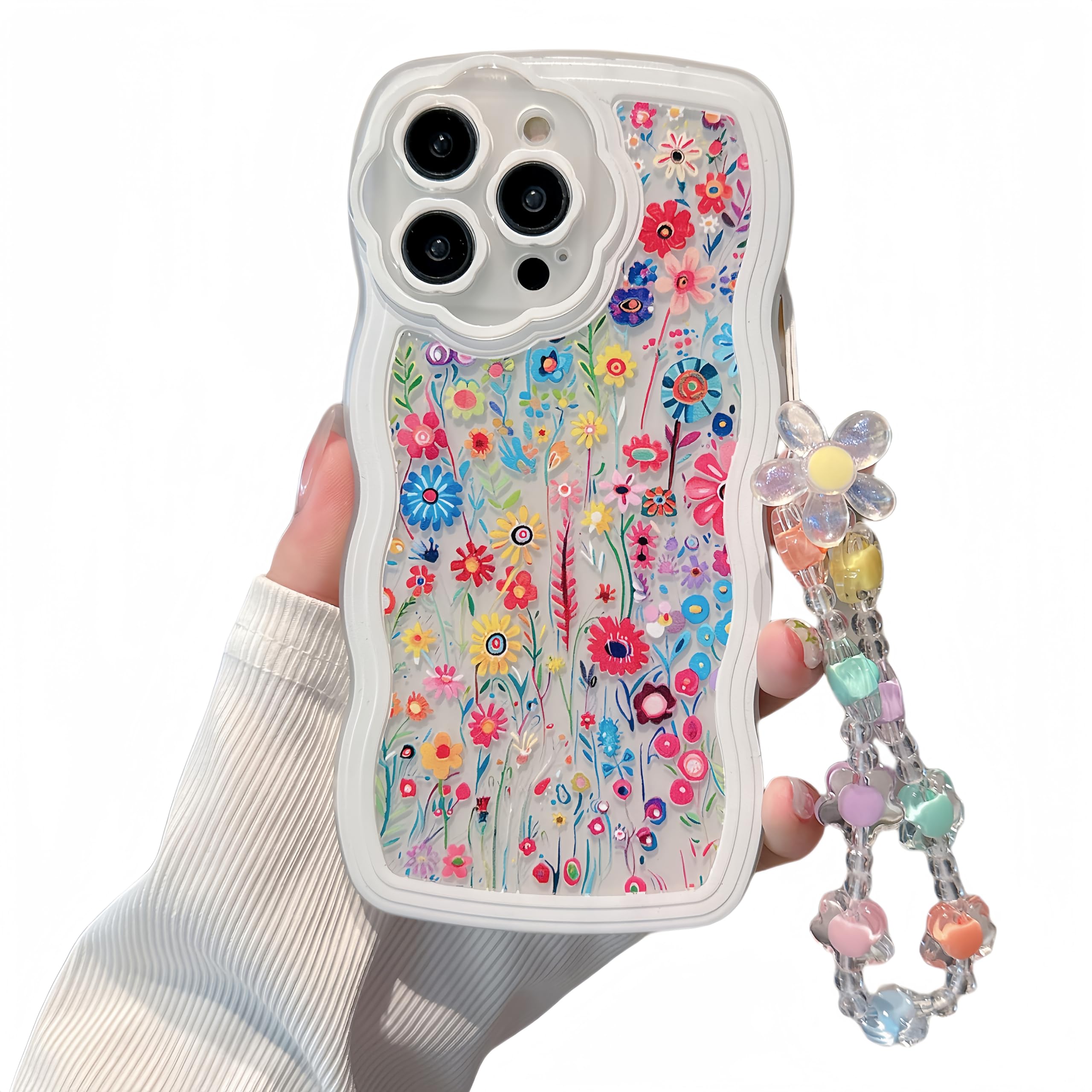 Pretaco Compatible with iPhone 14 Pro max Cases, Cute Wavy Edged Floral Design Pattern with Cute Flower Bracelet,Soft,eco-Friendly and Durable TPU