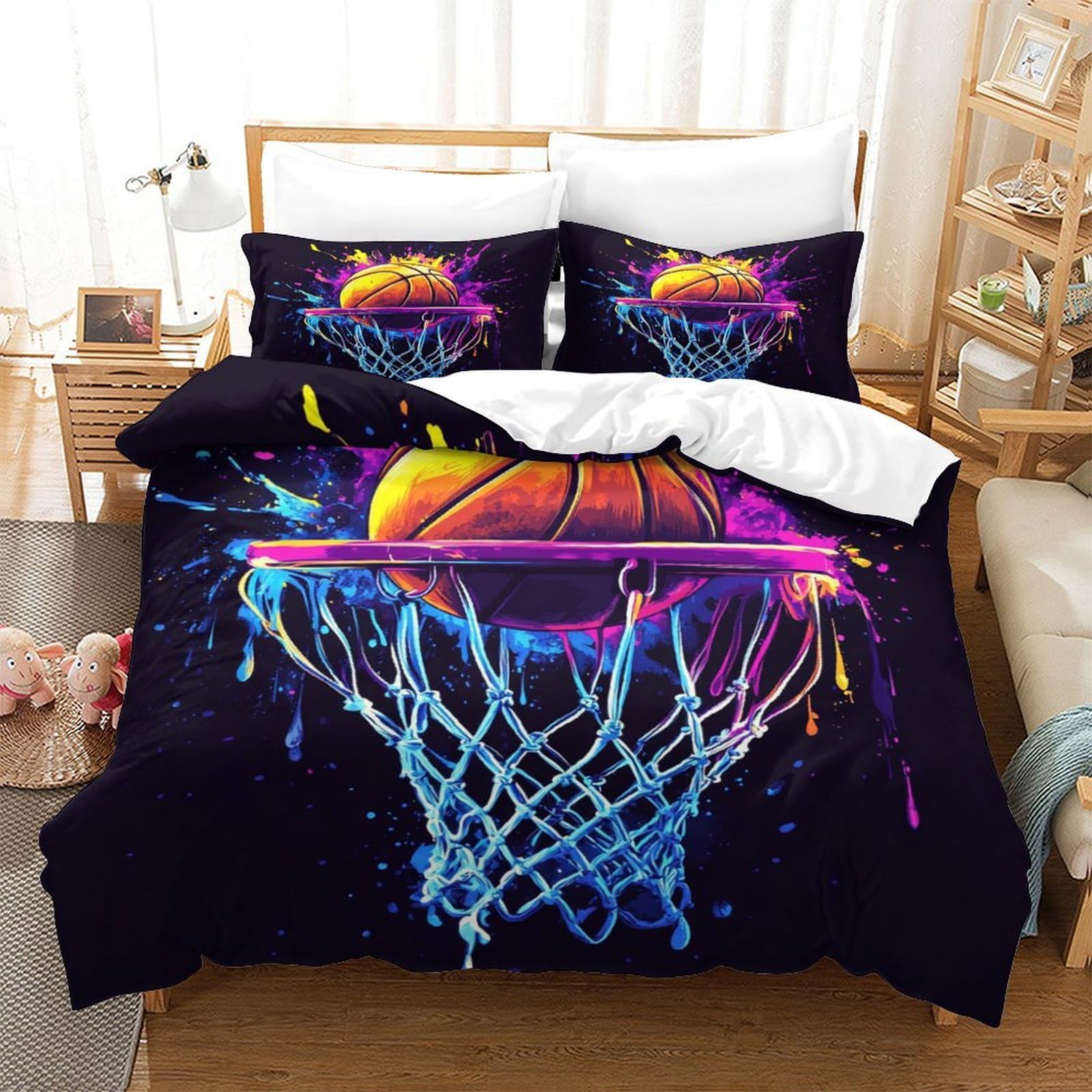 Yyvkpmlxc Boys Style-3 Duvet Cover Sets Basketball, Bedding Set 3D Pattern Colorful Graffiti Quilt Cover 3 Piece, Comforter Cover With Zipper Closure For Kids Teen Bedroom Decor Single（140X200cm）