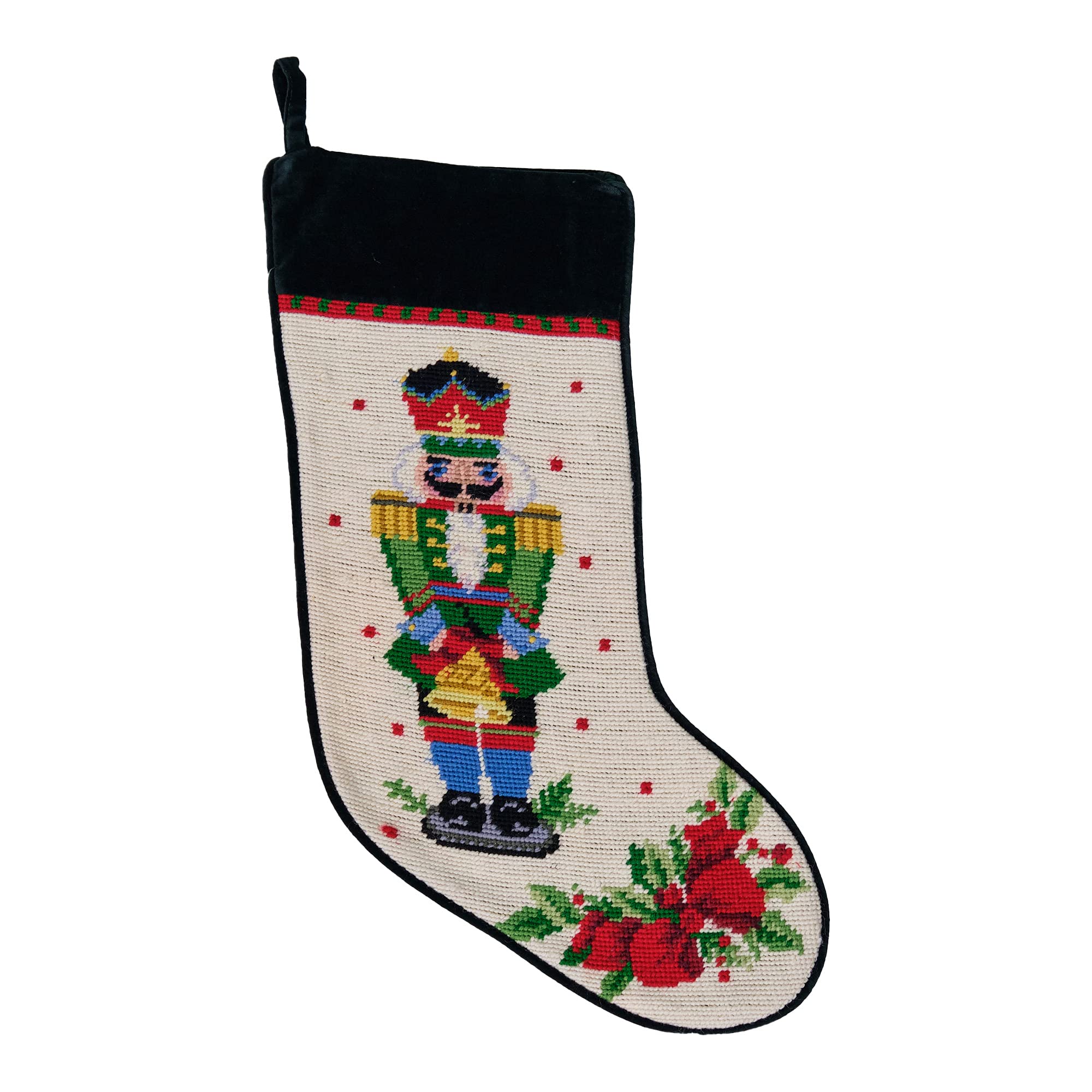 Green Nutcracker Melody with Bell Christmas Stocking, Wool & Velvet Needlepoint, 11 Inch X 18 Inch