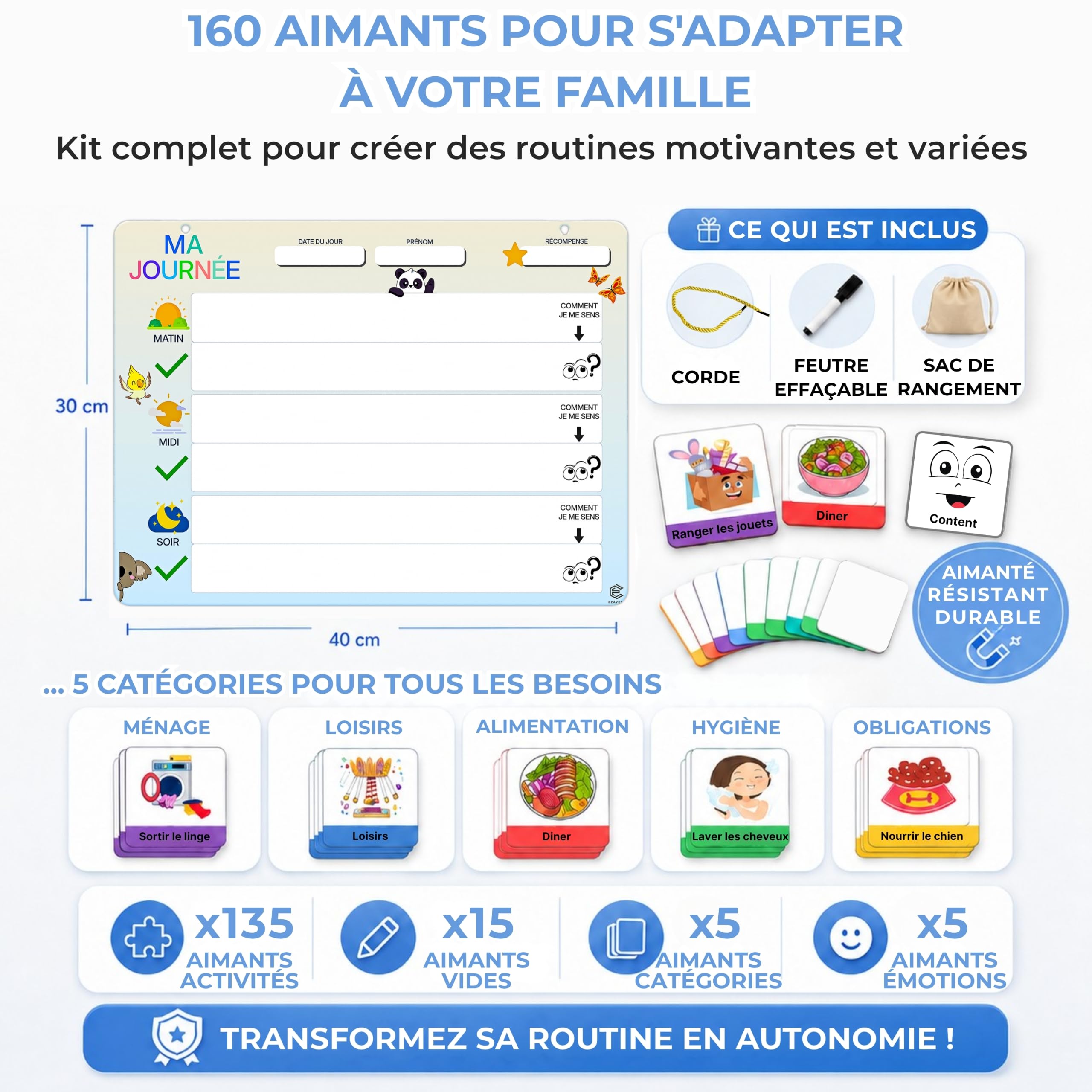 Tableau Routine Enfant - Calendrier Educatif Montessori - Calendrier Magnétique x160 Aimants - Tableau Organisation Famille - Le Cadeau Ideal (De 3 A 12 Ans)