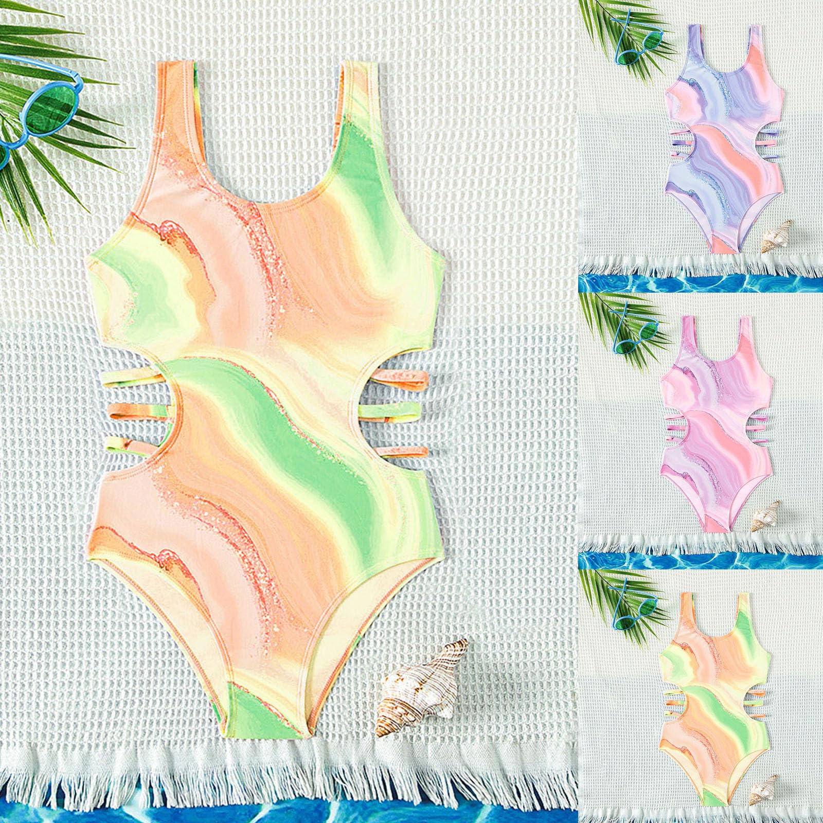 Maillot De Bain Enfant Fille 1 Piece Creux 5-14 Ans Maillot De Bain Une Pièce Dos NNu Filles Imprimé Tie Dye Dessin Animé Sport Natation Piscine Plage Vacances