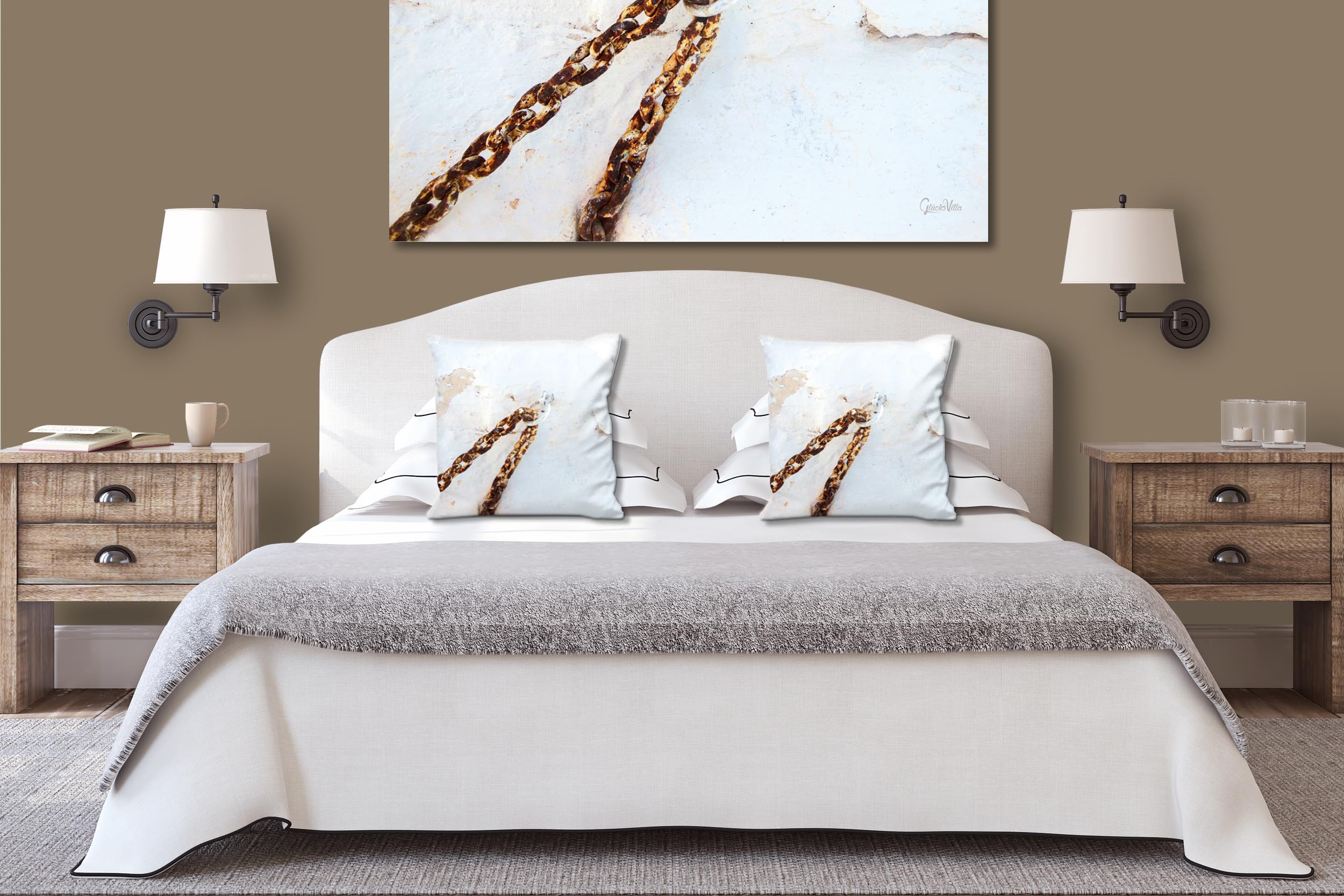 Kette an Wand - Foto-Kissen-Hülle Set (2 STK.) 40 x 40 cm | Kissen-Bezüge - passend zu Wandbild - Deko-Kissen - Griechenland Kykladen