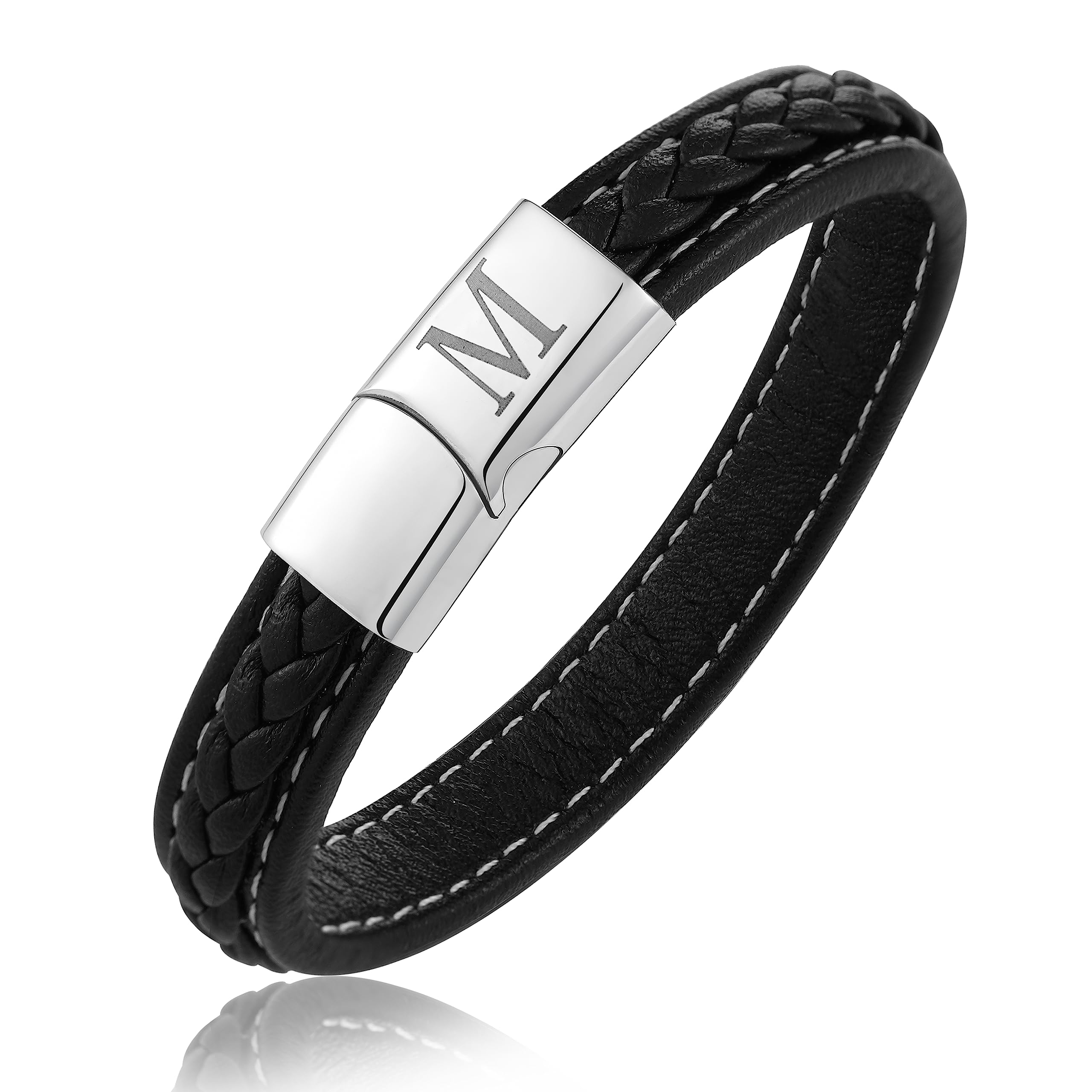 P. BLAKEP.BLAKE Initial Leather Bracelet For Men with Stainless Steel Clasp Mens Letter Leather Bracelet Braided A-Z Bracelets for Men Boys
