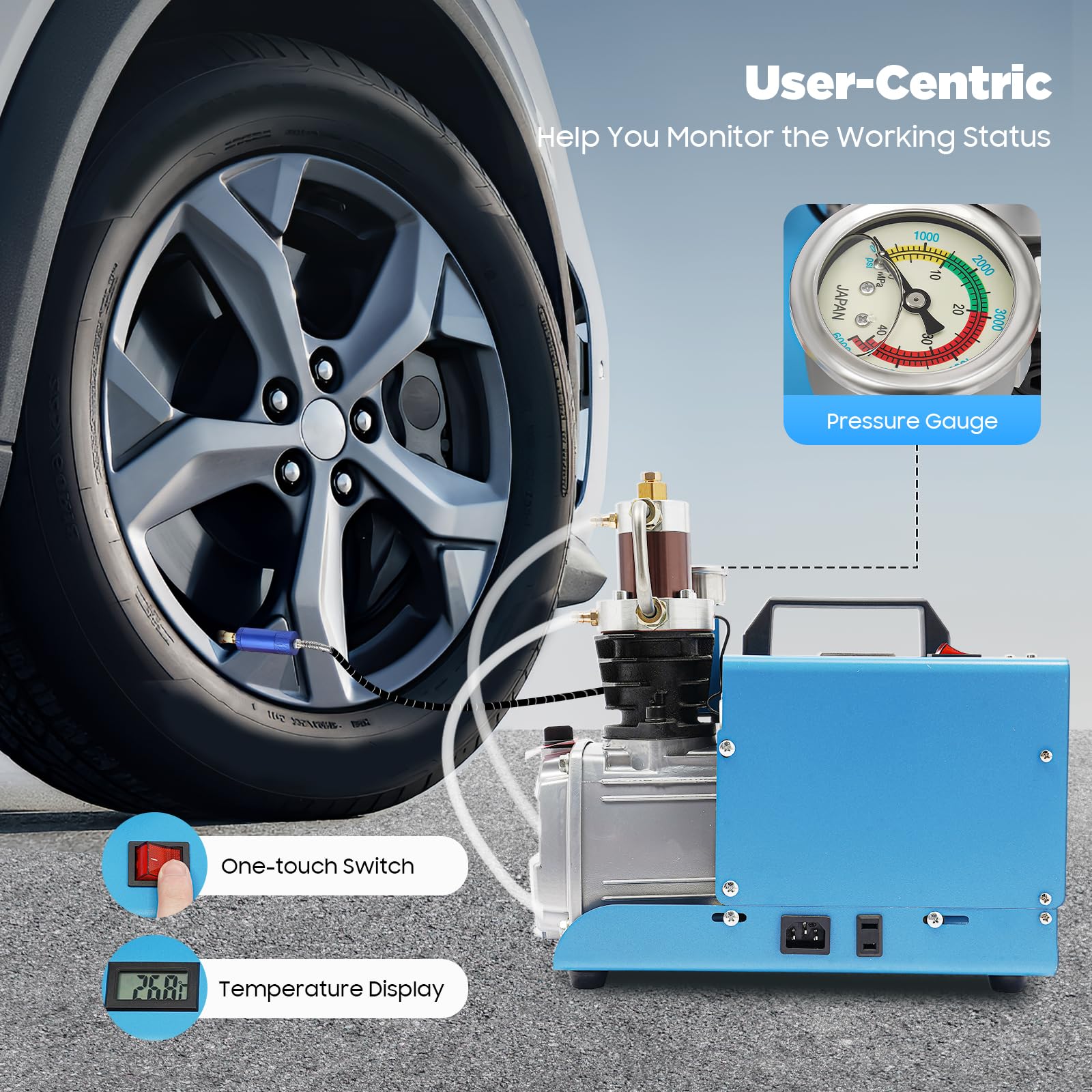 Elektrische Luftpumpe 1800W Hochdruckluftpumpe, Luftkompressor 30Mpa Hochdruck Kompressor mit Wasserschlauch, 2800 U/min, für Autos, Werkstätten, Ventile, Sanitärinstallationen