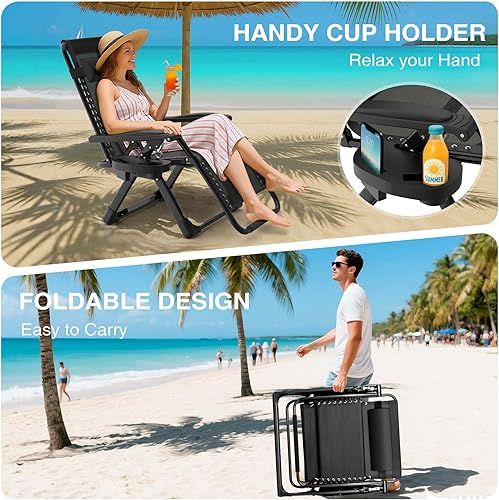 Miniatura 78 de Suteck Zero Gravity - Silla reclinable de camping con cojín extraíble, bloqueo mejorado y soporte para tazas, sillas reclinables de patio Negro