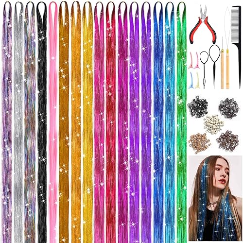 Kit de oropel para el cabello con herramientas, 48 pulgadas, 16 colores, 3200 hebras de brillo brillante, extensiones de cabello de oropel Kit de oropel para el cabello con herramientas, 48 pulgadas, 16 colores, 3200 hebras de brillo brillante, extensiones de cabello de oropel