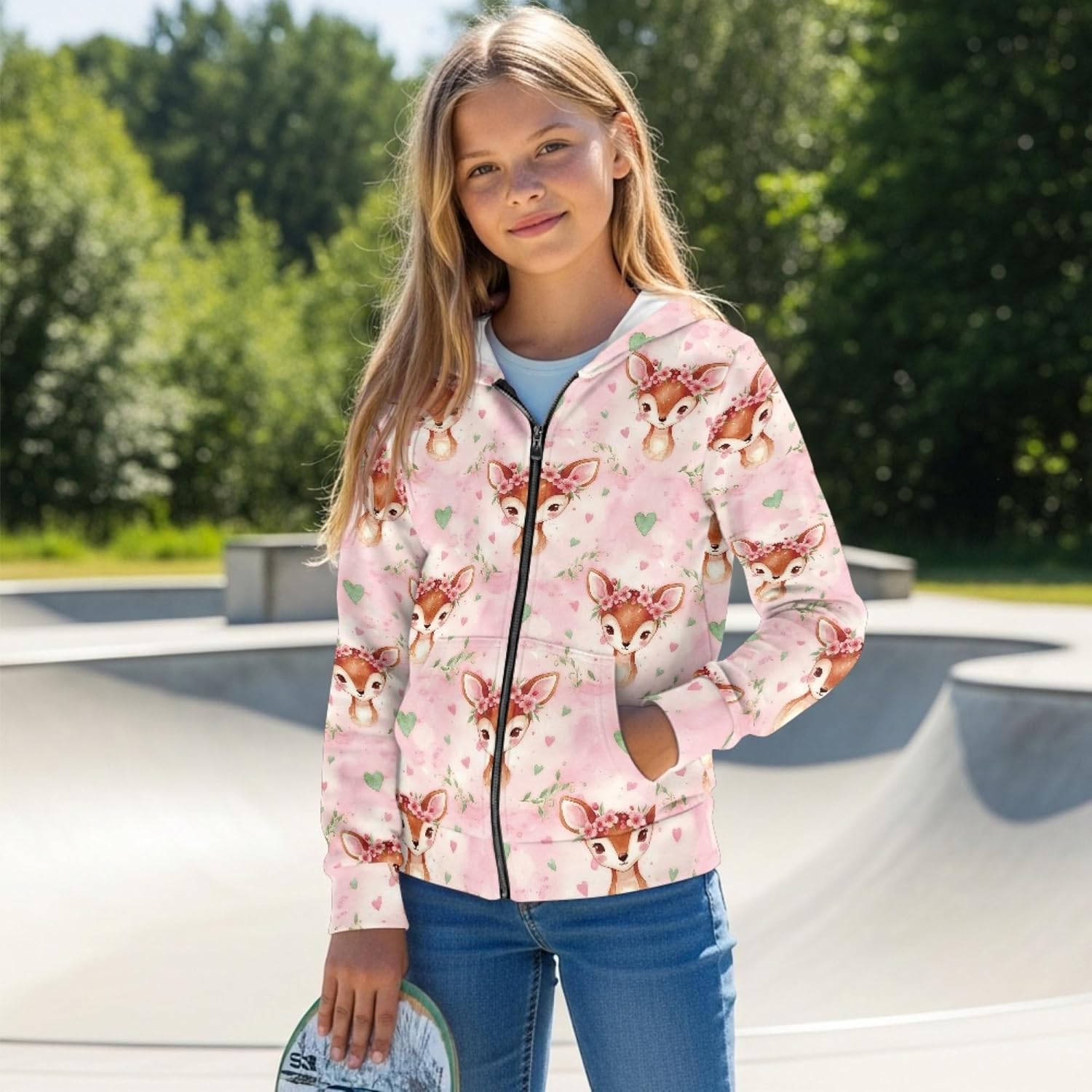 AmzPrint Zip Up Hoodie For Little Girls Long Sleeve Style Graphic Back To School Oversized Hoodie For Toddler Girls