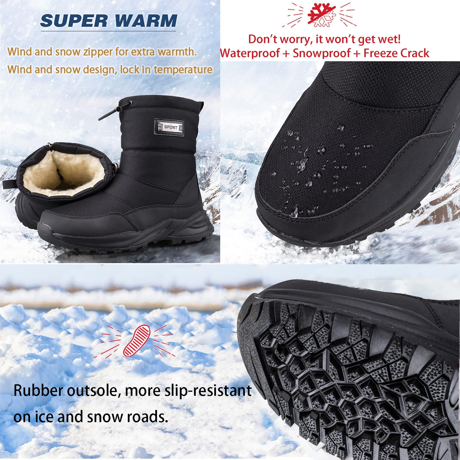 Bottes de Neige pour Hommes Chaussures d'hiver Hommes Femmes Bottes d'hiver imperméables Chaussons doublés Chauds Chaussures de randonnée Chaussures de Trekking antidérapantes Bottes