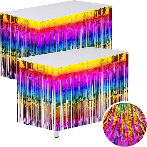 Decoraciones de fiesta de serpentinas de arco iris, 2 paquetes de faldas de mesa arcoíris degradadas con flecos metálicos para cumpleaños,