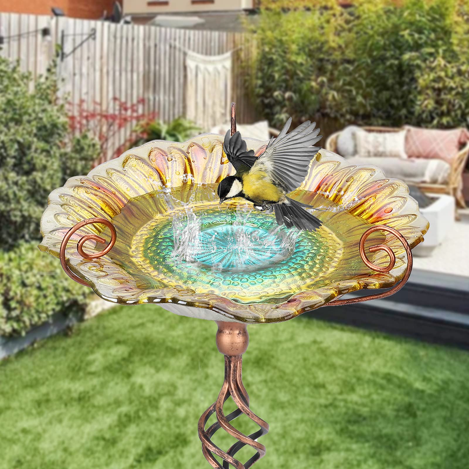 DREAM GARDEN Kąpiel dla ptaków na zewnątrz, szklana kąpiel dla ptaków żółta