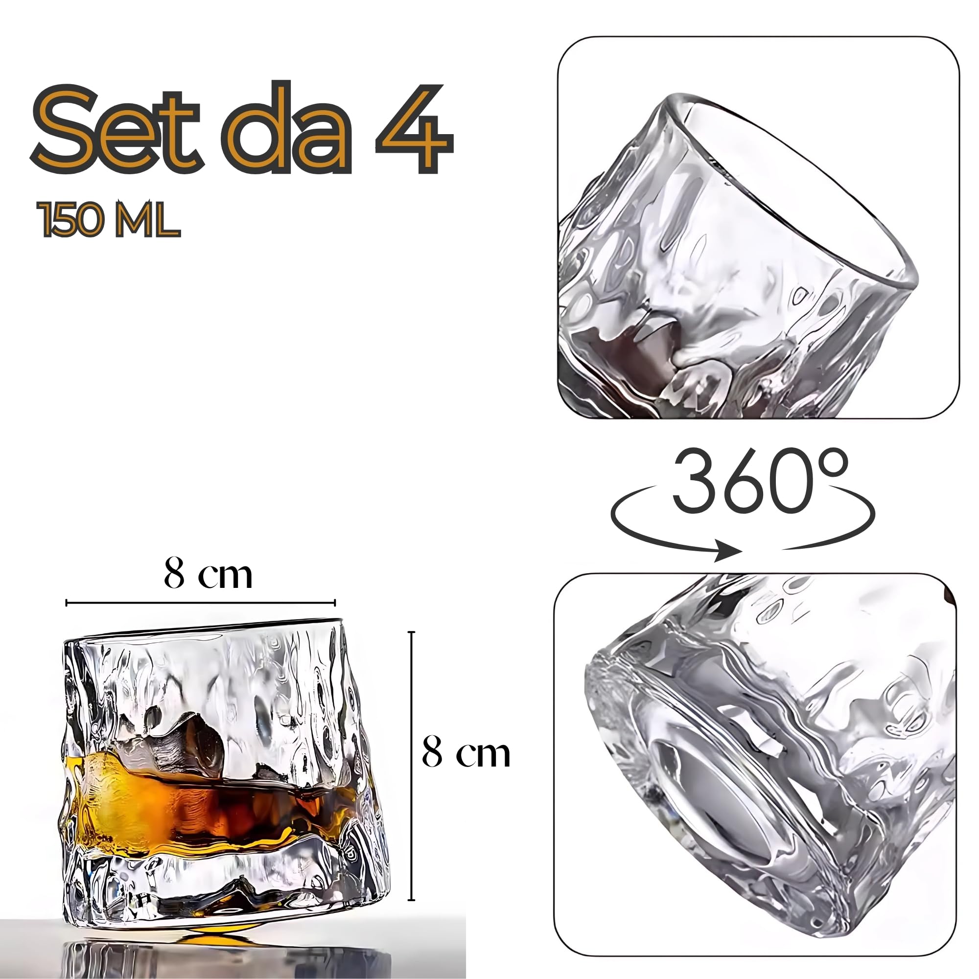 Set Bicchieri da Whisky in Vetro Rotante, Bicchieri Wisky con Fondo Sferico per Degustazione, Bicchiere Senza Gambo di Alta Qualità, 4 Pz Bicchieri Vetro Particolari per Rum, Gin, Amaro e Distillati