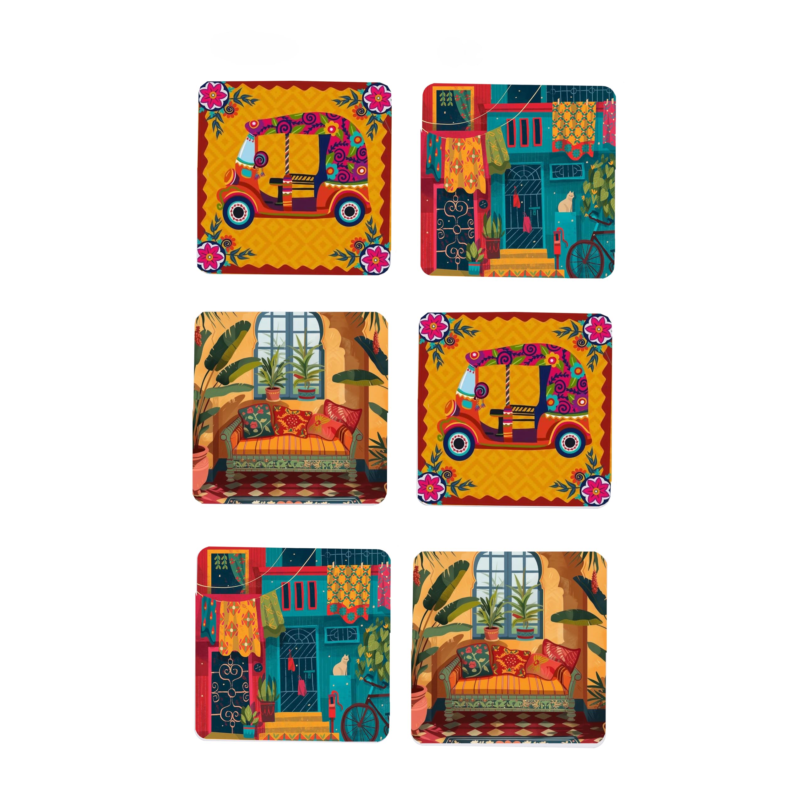 TAJNAN Indian Art Printed Coaster Set of 6 Beautiful Wooden Coasters with Plastic Coating Proper Coaster Stand Designer (taj-Coaster-auto-h)