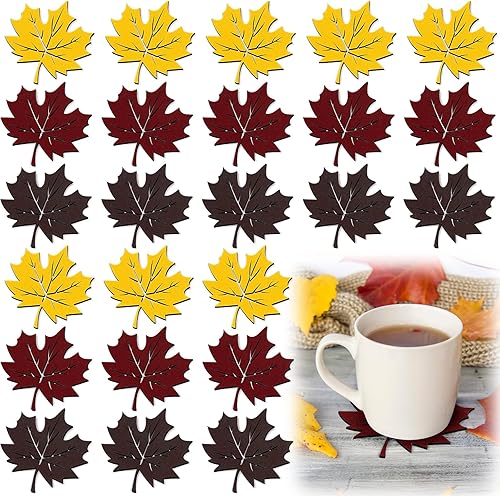 24 posavasos de hoja de arce de otoño, cosecha de Acción de Gracias, con forma de hoja de arce, de fieltro, antideslizantes, resistentes al calor,