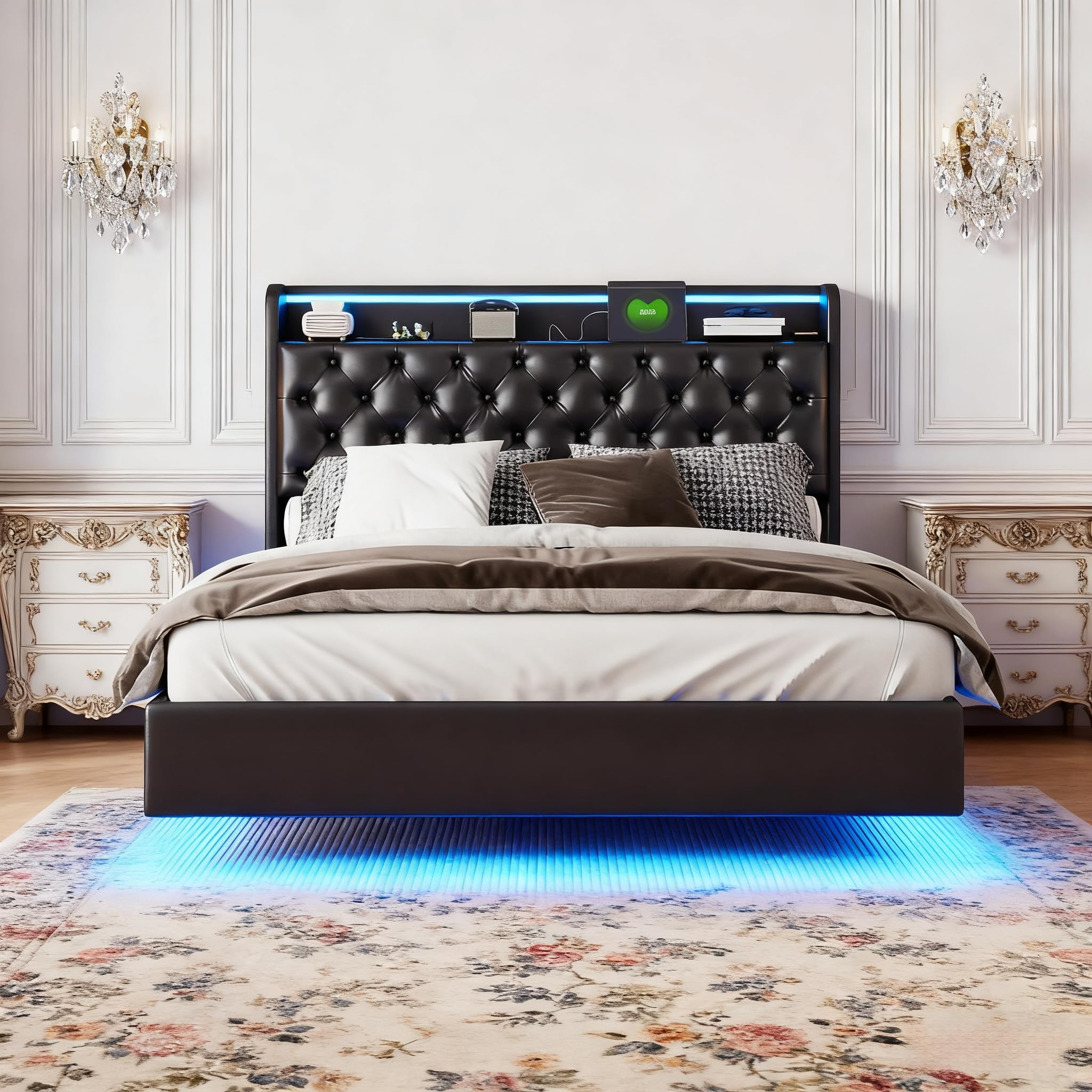 Łóżko sprężynowe 160 x 200 cm, ze skóry poliuretanowej (PU), z diodami RGB LED, miejsce do przechowywania zagłówków i stacja ładująca, hydrauliczne miejsce do przechowywania, metalowa rama