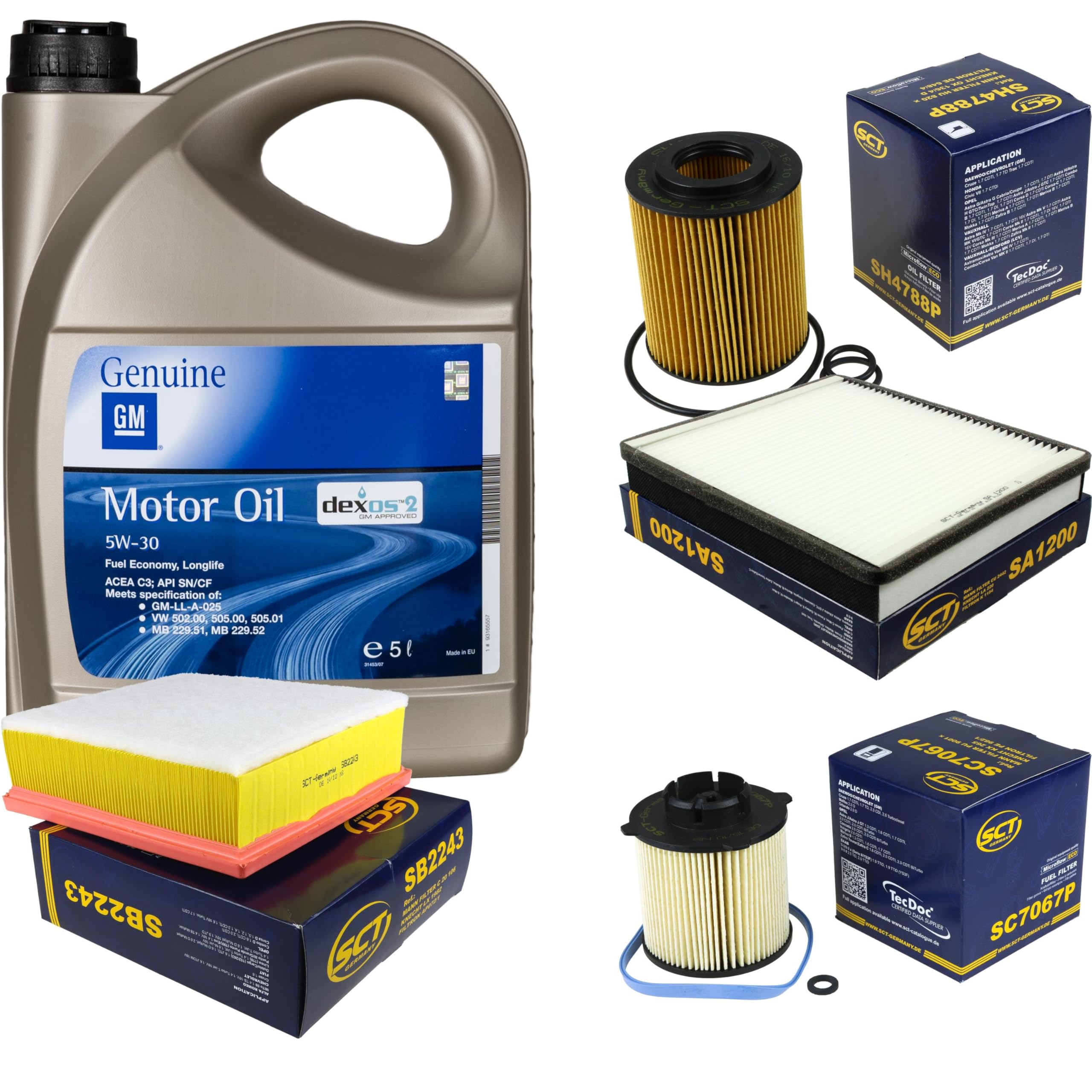 Inspektionspaket Filterset erstellt mit 5 Liter GM Motoröl 5W-30 Dexos 2 Fuel Economy Longlife Ölfilter Luftfilter Innenraum-Luftfilter Kraftstofffilter