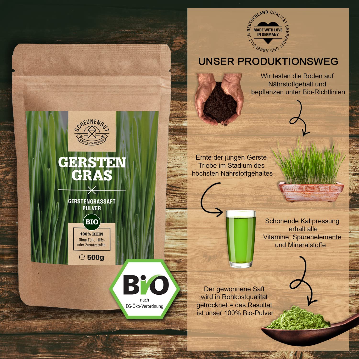 Gerstengrassaft Pulver Bio -WICHTIG: 100% Zertifizierte Bio-Ware aus den USA (500 Gramm) Reines Naturprodukt I Vegan + Laborgeprüft -Deutsche Produktion- SCHEUNENGUT®