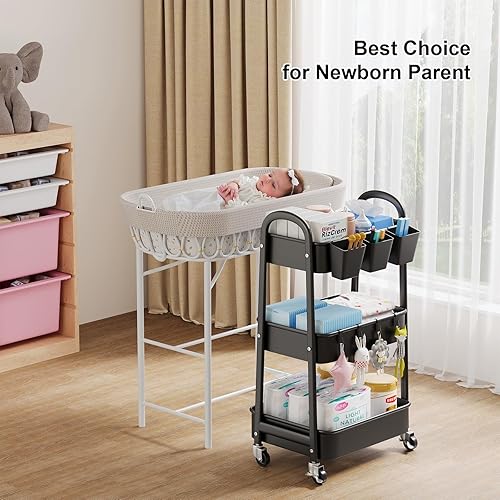 Miniatura 5 de Organizador de pañales para bebé, carrito de almacenamiento de artículos esenciales para bebés de 3 niveles con ruedas bloqueables, organizador de