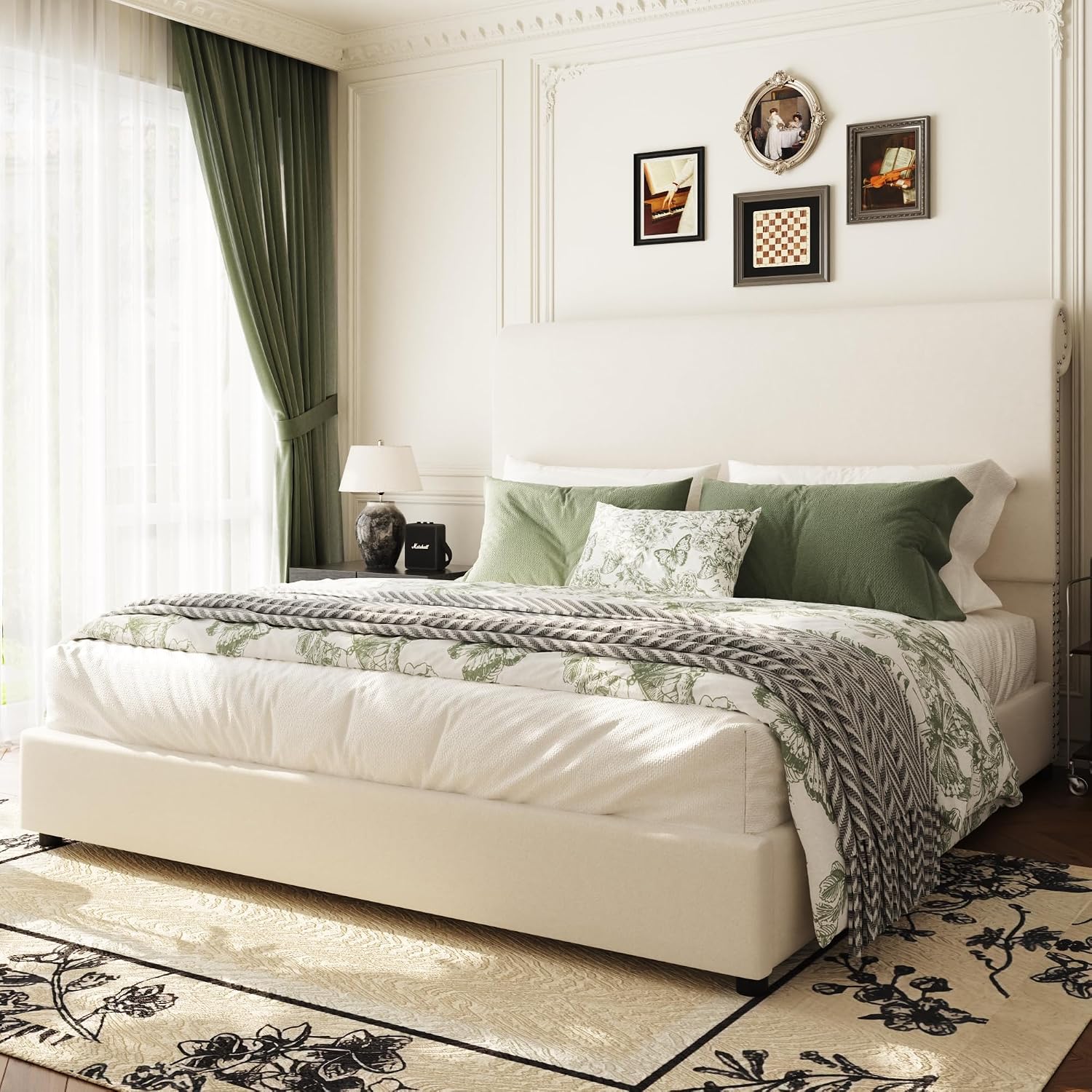 Queen Size Bed Frame with 55" Tall Sleigh Headboard, Luxury Velvet Upholstered Platform Bed with Nailhead Trim, Rolled Design, Noise-Free, No Box Spring Needed, Easy Assembly, Beige