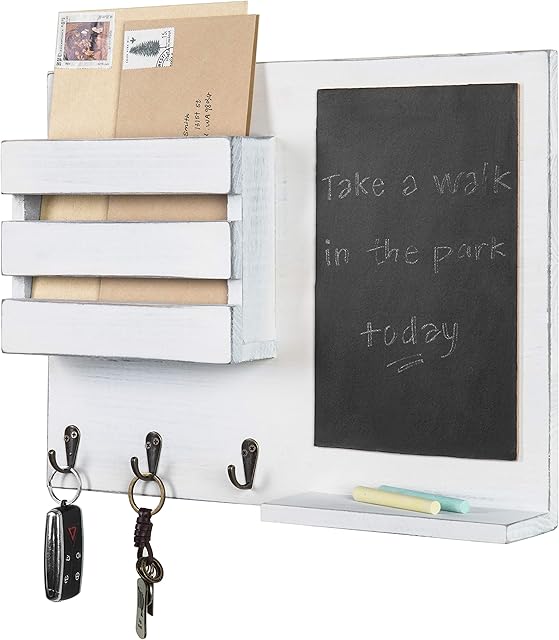 MyGift Wall Mounted Vintage White Solid Wood Mail and Key Holder Organizer Rack with Chalkboard Memo Board and 3 Key Hooks