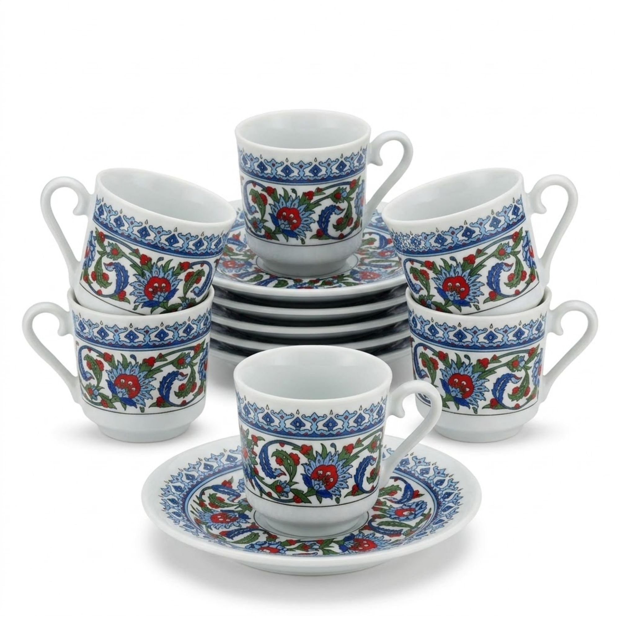 Kütahya Porselen Topkapi Türkische Kaffeetassen 12-teilig, aus Porzellan, 6 Mokkatassen 70 ml mit 6 Untertassen, İznik Dekor, Türkischer Kaffee Espresso Tassen Set, Floral