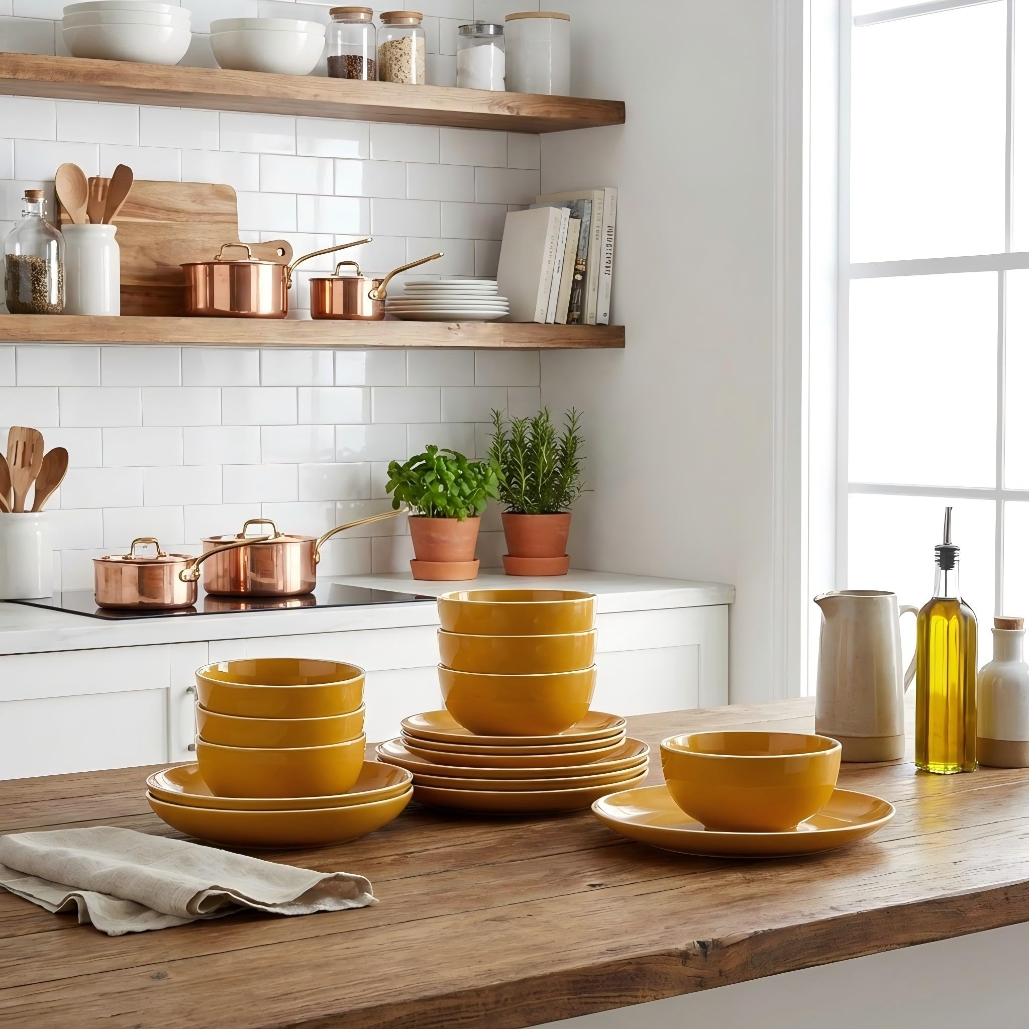 Waterside - 12 Piece Saffron Yellow Stoneware Dinner Set; 4 Dinner