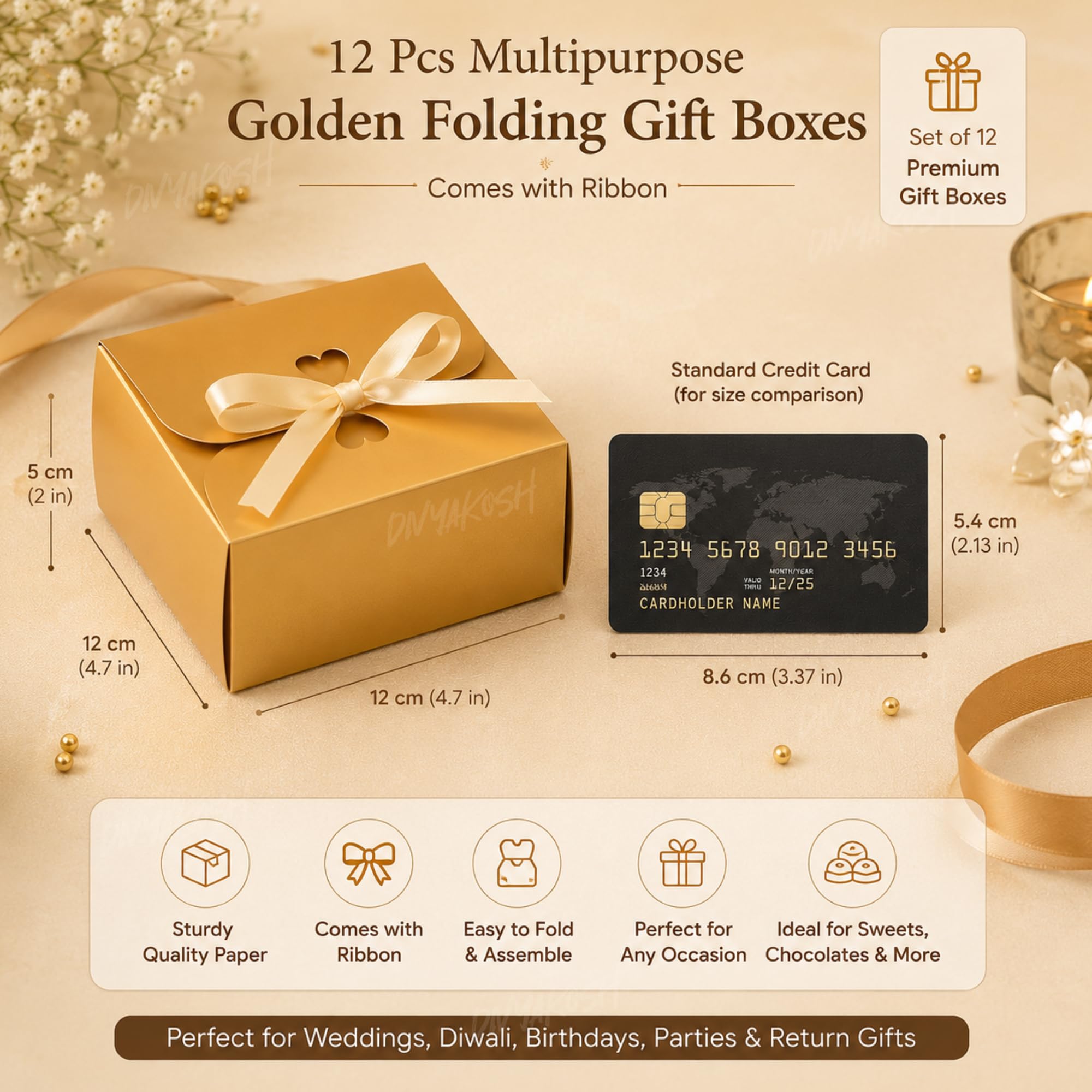 Golden Gift Boxes - 12 Pack for Diwali & Parties -2