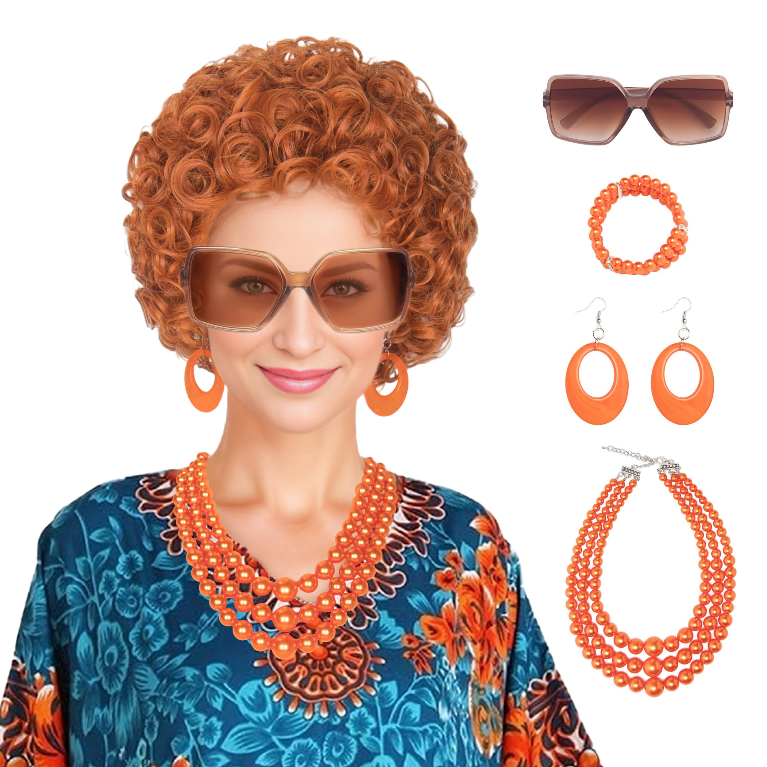 Miss U Hair Women Short Curly Red Orange Wig and Glasses Orange Oversized Jewelry Set Halloween Party Wig