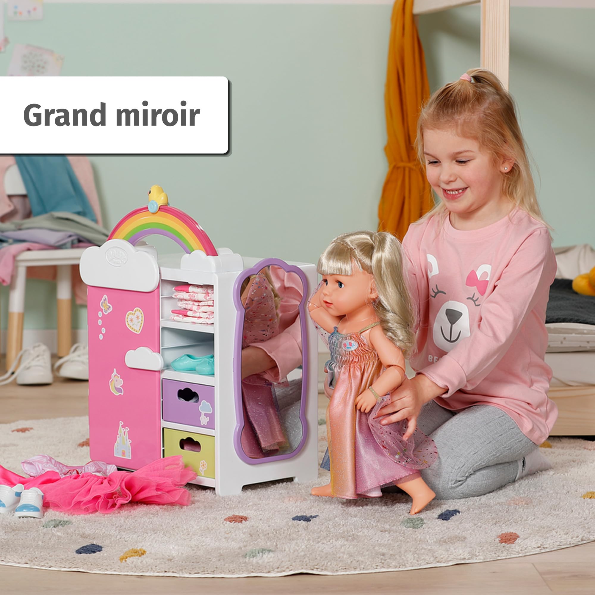 BABY born Armoire Arc-en-Ciel - Rangement pour Les vêtements de la poupée - avec Arc-en-Ciel & Sons - Accessoires de la poupée y Compris Les tiroirs à Chaussures, Les cintres & Les Autocollants