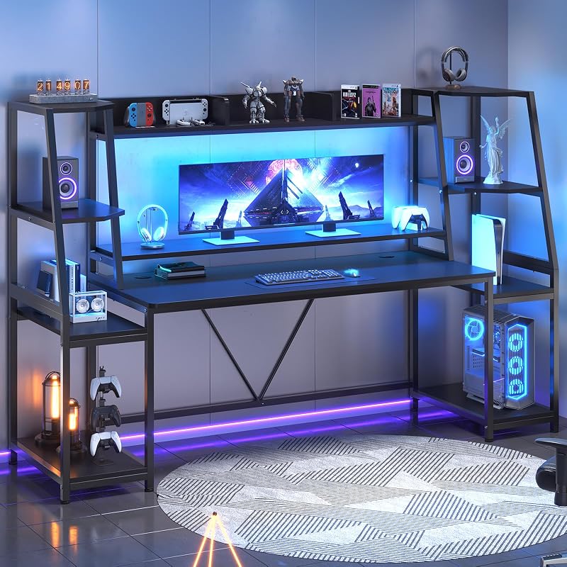 79'' Gaming Desk with LED Lights, Hutch and Storage Shelves, Black | Computer Desk with Monitor Stand, Large PC Gamer Desk Workstation, Ergonomic Gaming Table for Bedroom, Living Room