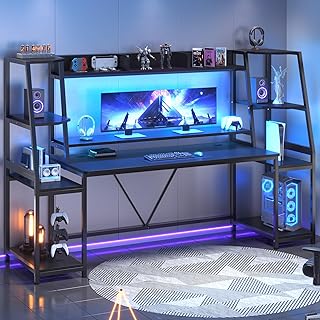 SEDETA 79'' Gaming Desk with LED Lights, Hutch and Storage Shelves, Black | Computer Desk with Monitor Stand, Large PC Gamer Desk Workstation, Ergonomic Gaming Table for Bedroom, Living Room