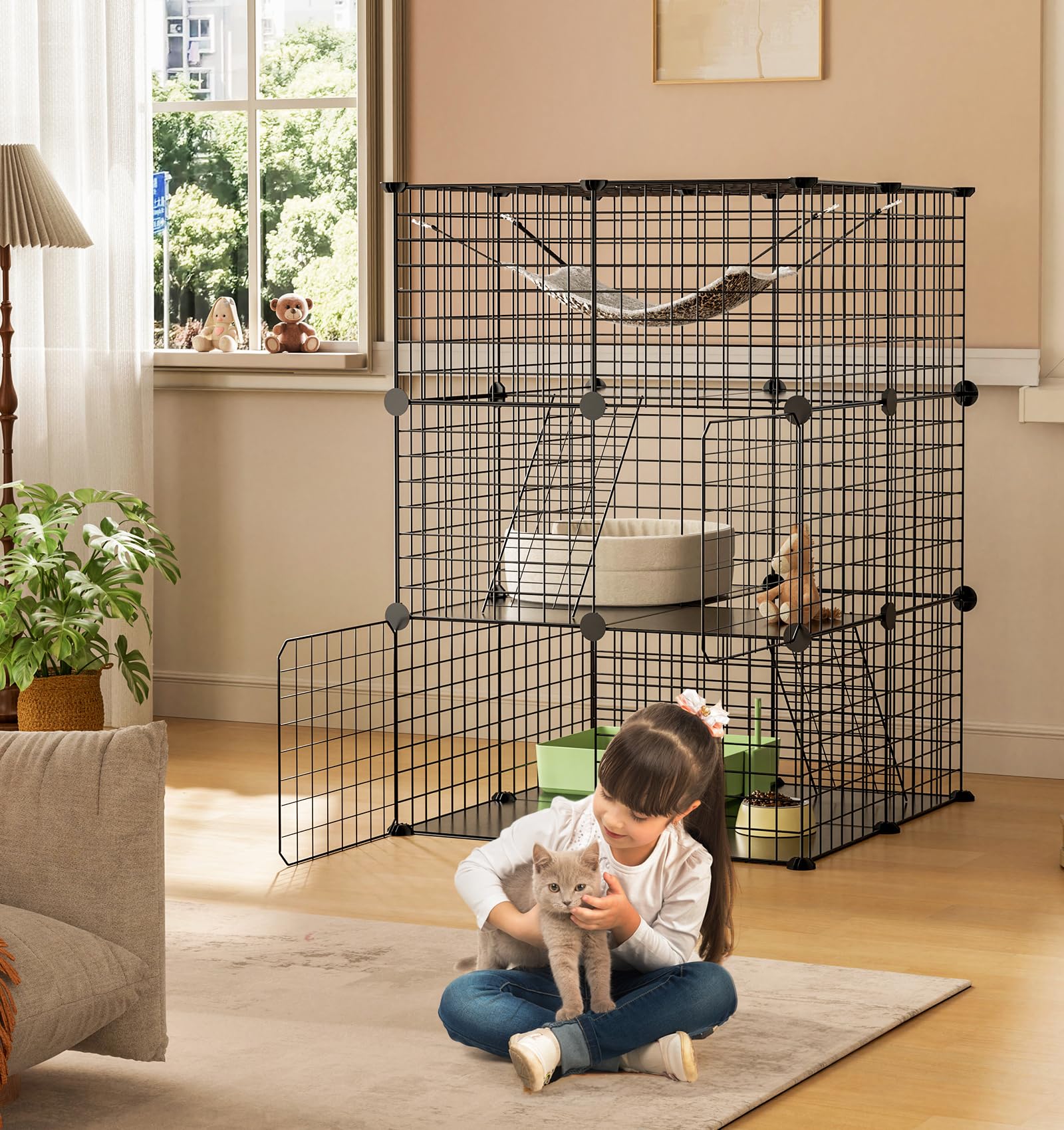 The Fellie Jaula para gatos para interiores, caja de parque de juegos de 3 niveles, jaula para gatos, corralito desmontable de alambre de metal, lugar de ejercicio grande ideal para 1-2 gatos,