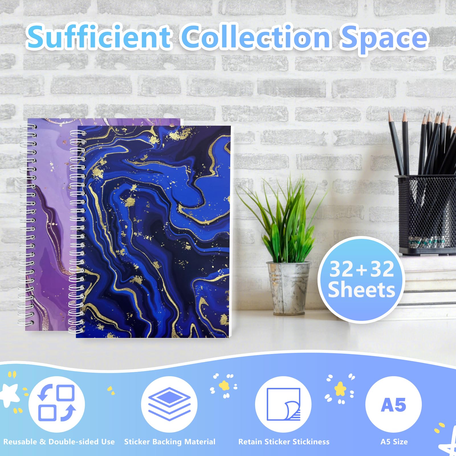 DHATMYC 2 Pack Reusable Sticker Book Collecting Album A5 Size 32+32 Sheets Release Paper Sticker Collection Storage Book for Adults Sticker Saver Holder Book (Blue+Purple) - Image 4