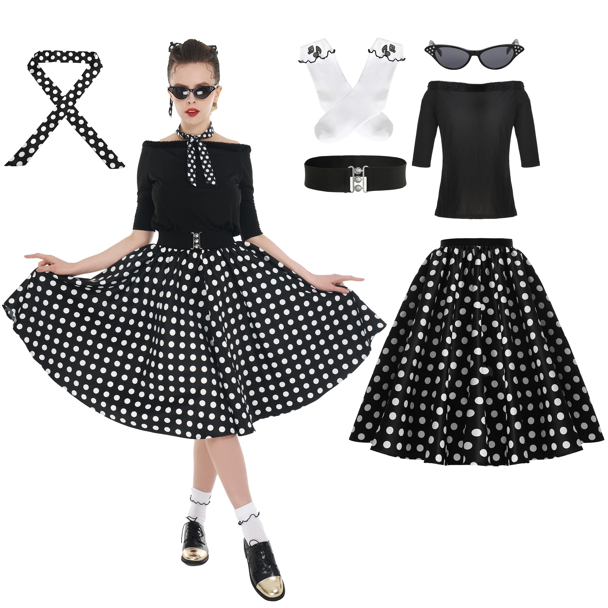 Leadtex Sock Hop Outfits Women, 1950s Poodle Skirts, Poodle T-Shirt with 50s Accessories Socks Scarf Belt Eye Glasses, Black, Medium
