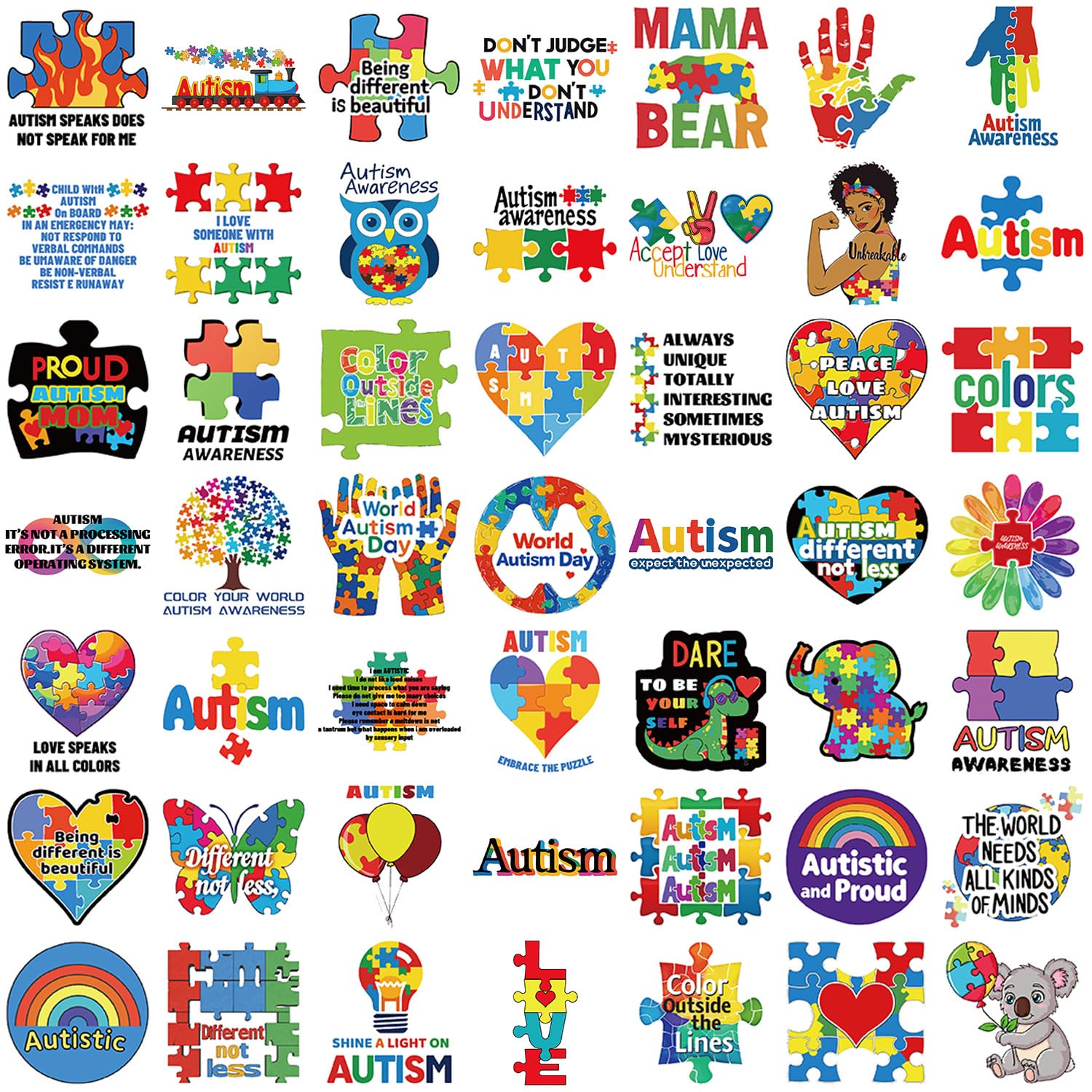 Adesivi per autismo per bambini adolescenti adulti 50 pezzi consapevolezza dell'autismo decalcomanie in vinile impermeabili per laptop colorato premuroso autistico bambini giorno adesivo per