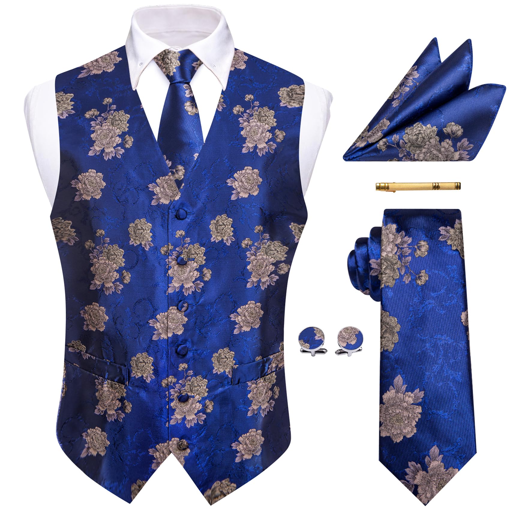 – Waistcoat for Men Silk Jacquard Floral Paisley Vest Necktie Pocket Square Cufflinks Tie Clip Wedding Formal
