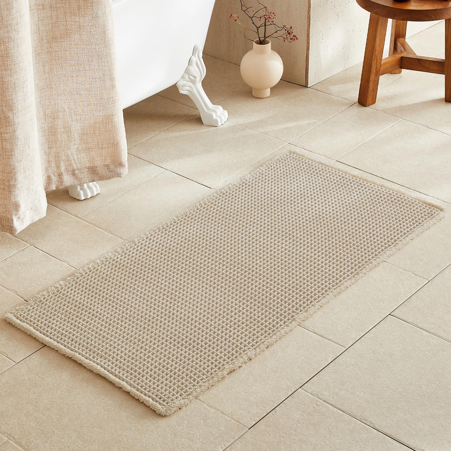 TYUU Pale Beige Bathroom Rug, Waffle Bath Mat Non Slip Washable Super Absorbent Quick Dry Boho Farmhouse Bathroom Decor, 48''x24'' / 4'x2' Pale Beige