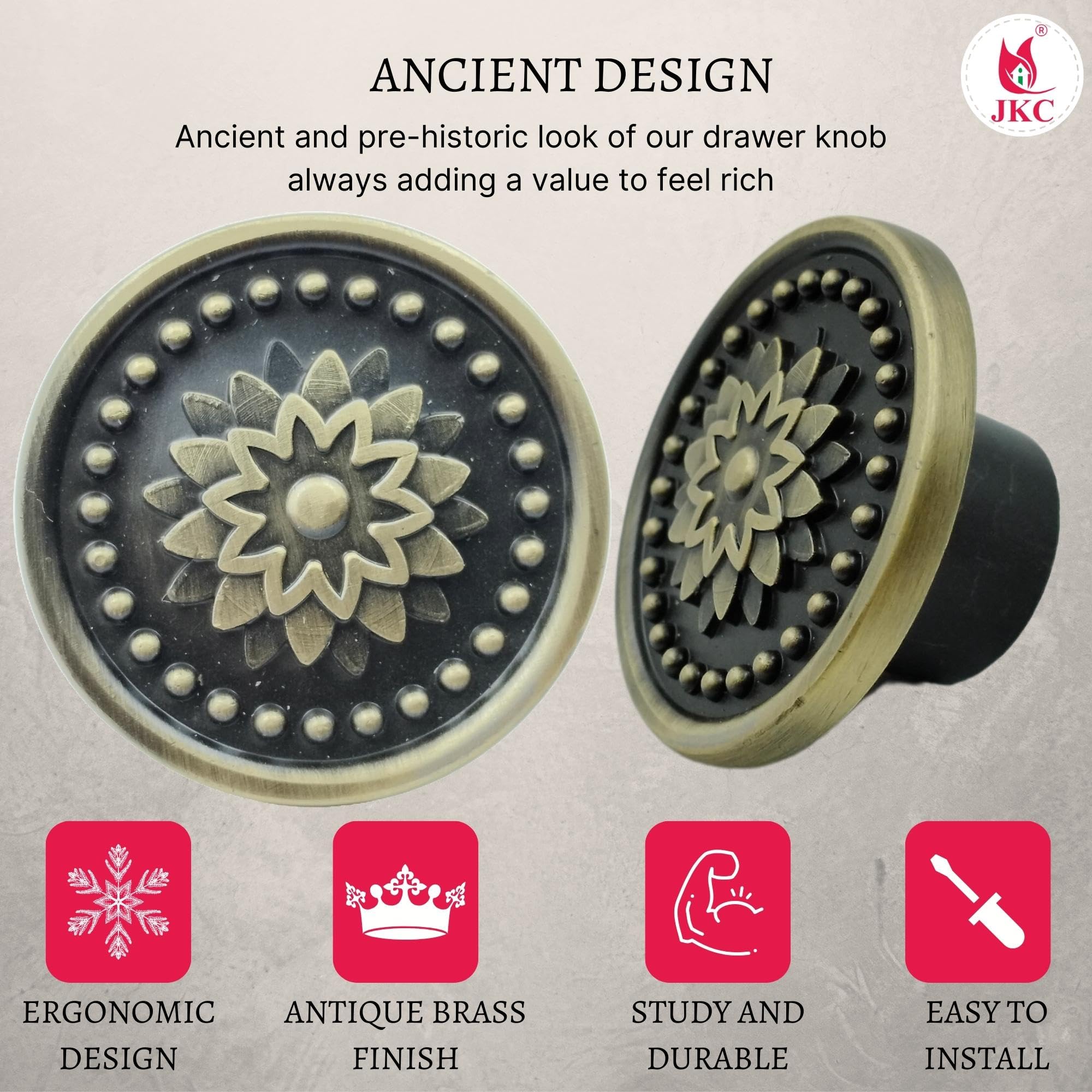 JKC Antique Brass Finish Rajwadi Design Cabinet Knobs, Multipurpose Door Handles for Wardrobe, Eye Catching Drawer Knobs, Knobs for Cabinets (Pack of 4) 1