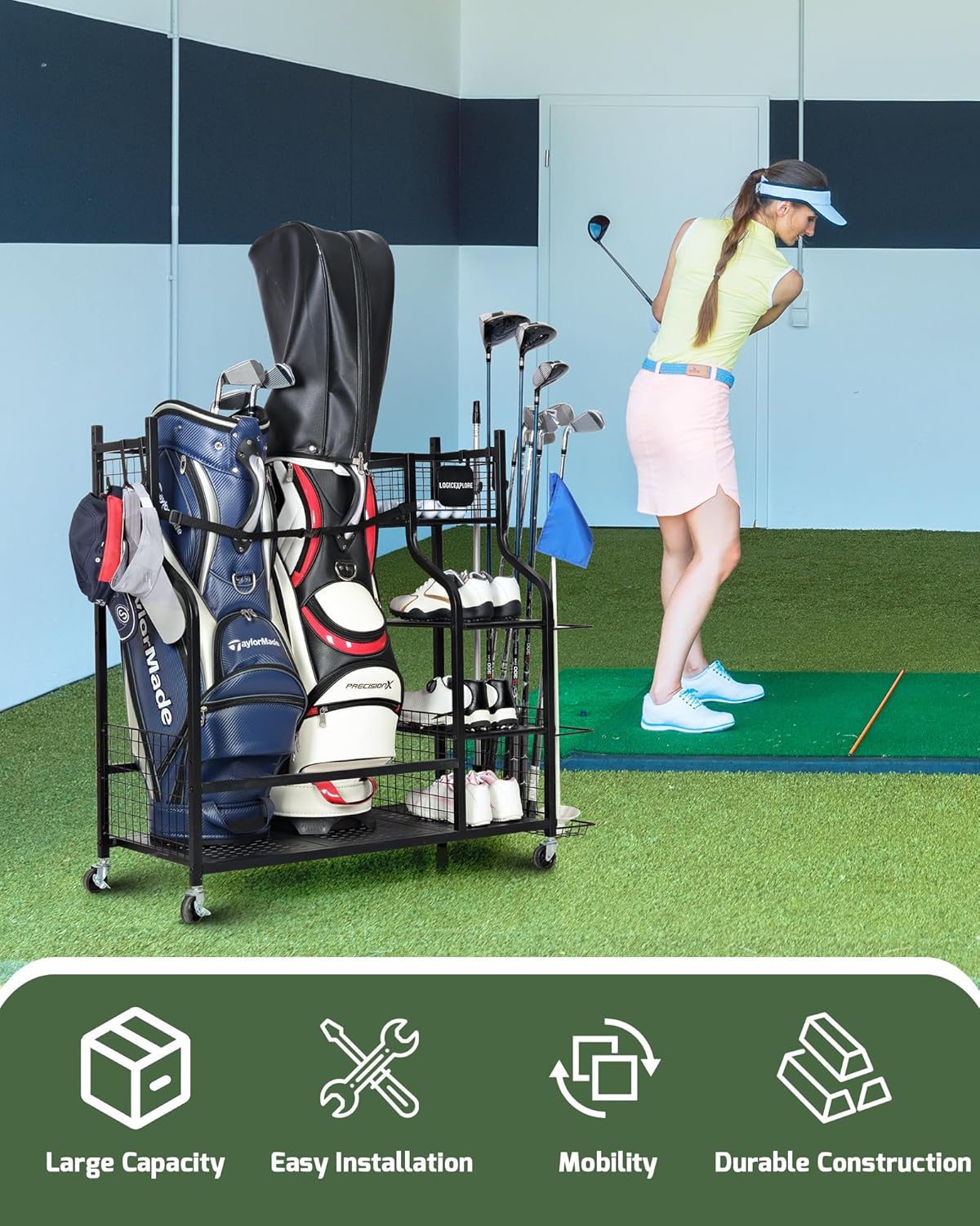 Golf Bag Storage Organizer Rack for Garage, Golf Bag Stand with Rolling Wheels, Heavy-Duty Metal Golf Equipment Organizer for Home, Garage, Clubhouse
