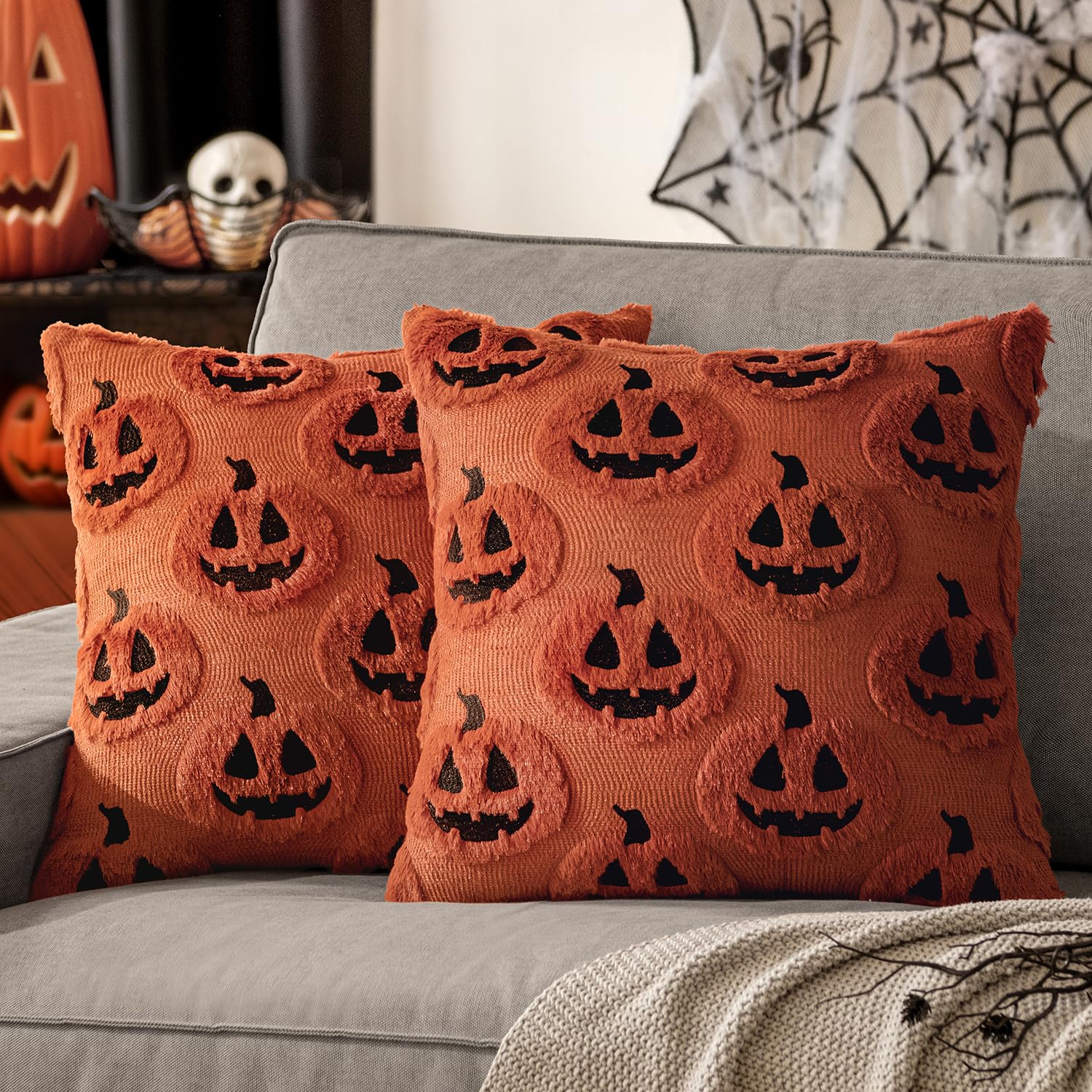 MIULEE 2 Pack Halloween Cushion Covers 45x45 Dark Caramel Ghost Pumpkin