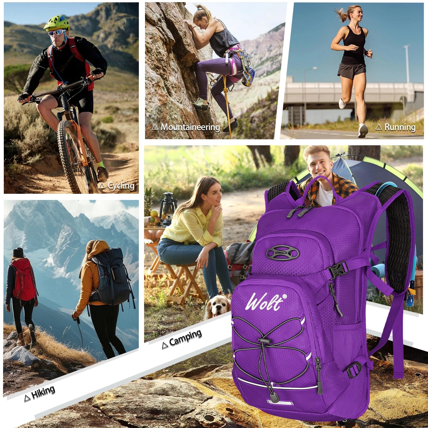WOLT Sac à dos d'hydratation de 18 L avec poche à eau de 2 L pour homme et femme, sac d'hydratation pour la course à pied, le cyclisme, le vélo et l'escalade