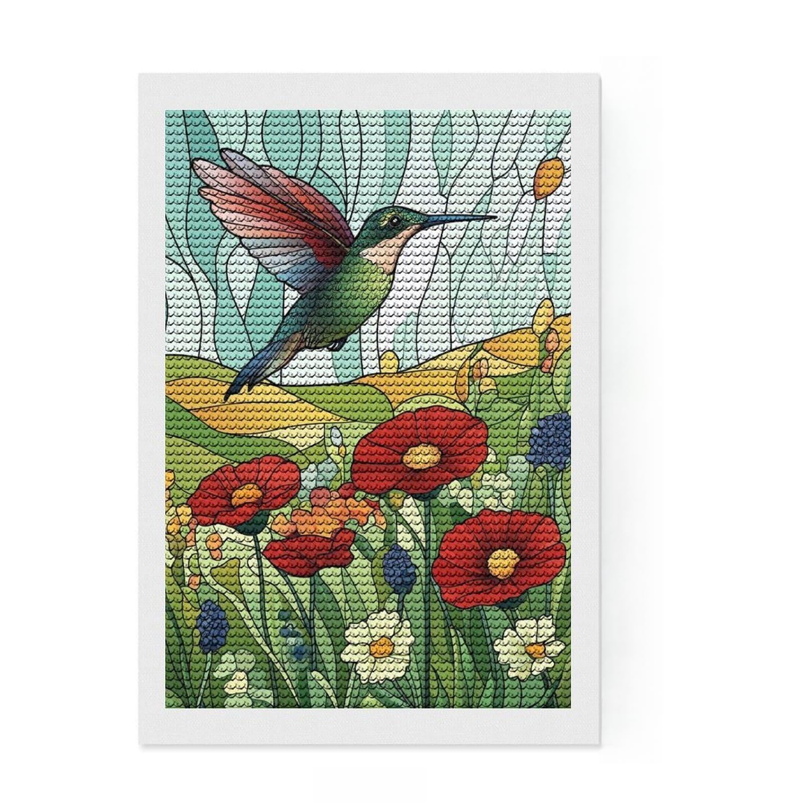 Junmoney Hummingbird in Flower Garden Diamond Painting Set 8"x12", Birthday Gift, Vintage Style Decor, Modern Decor, Seasonal Gift Choice, Creative Hobby