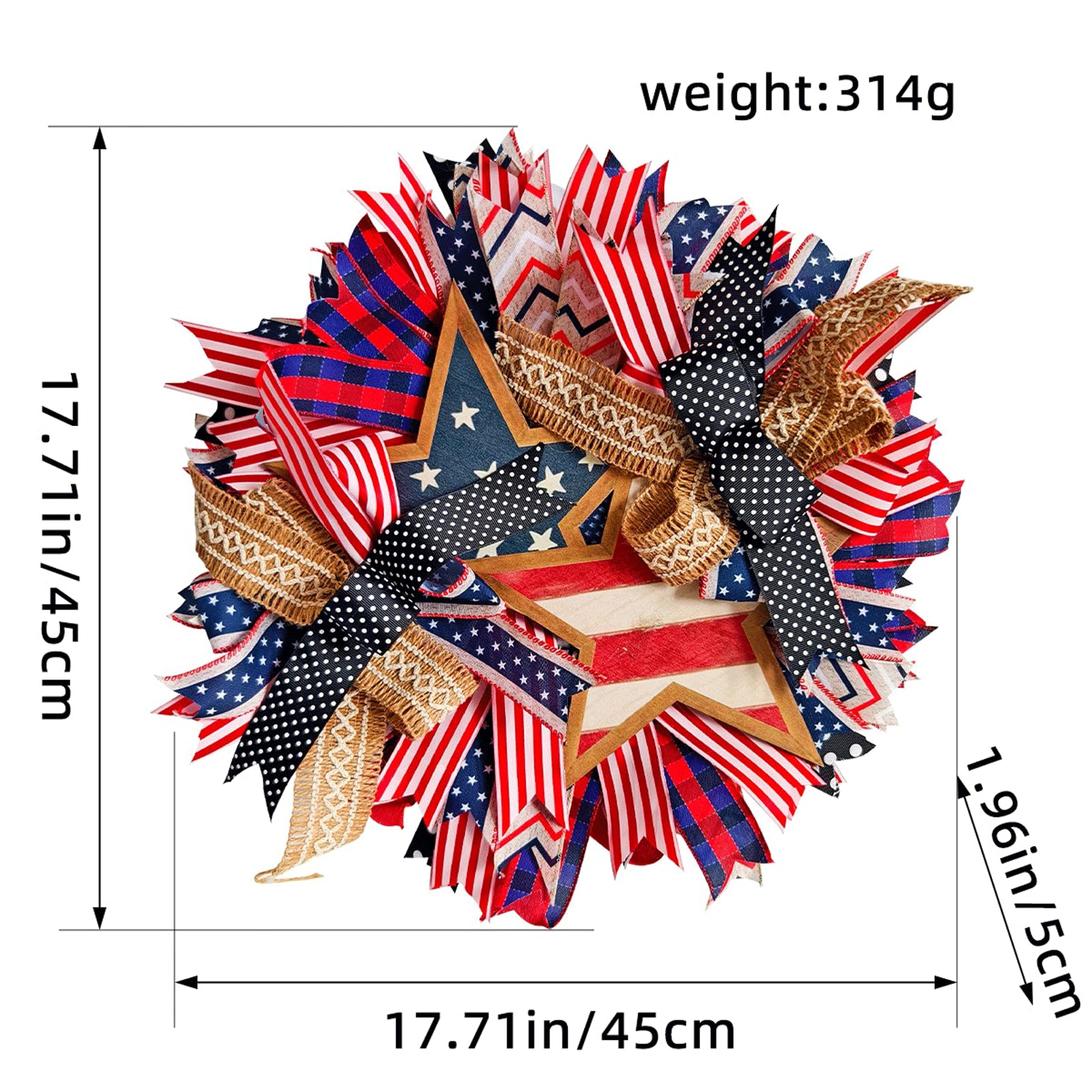 Ghirlanda patriottica del 4 luglio - Tessuto colorato e Ghirlanda Floreale in Legno per Porta d'ingresso - 18x18 Pollici